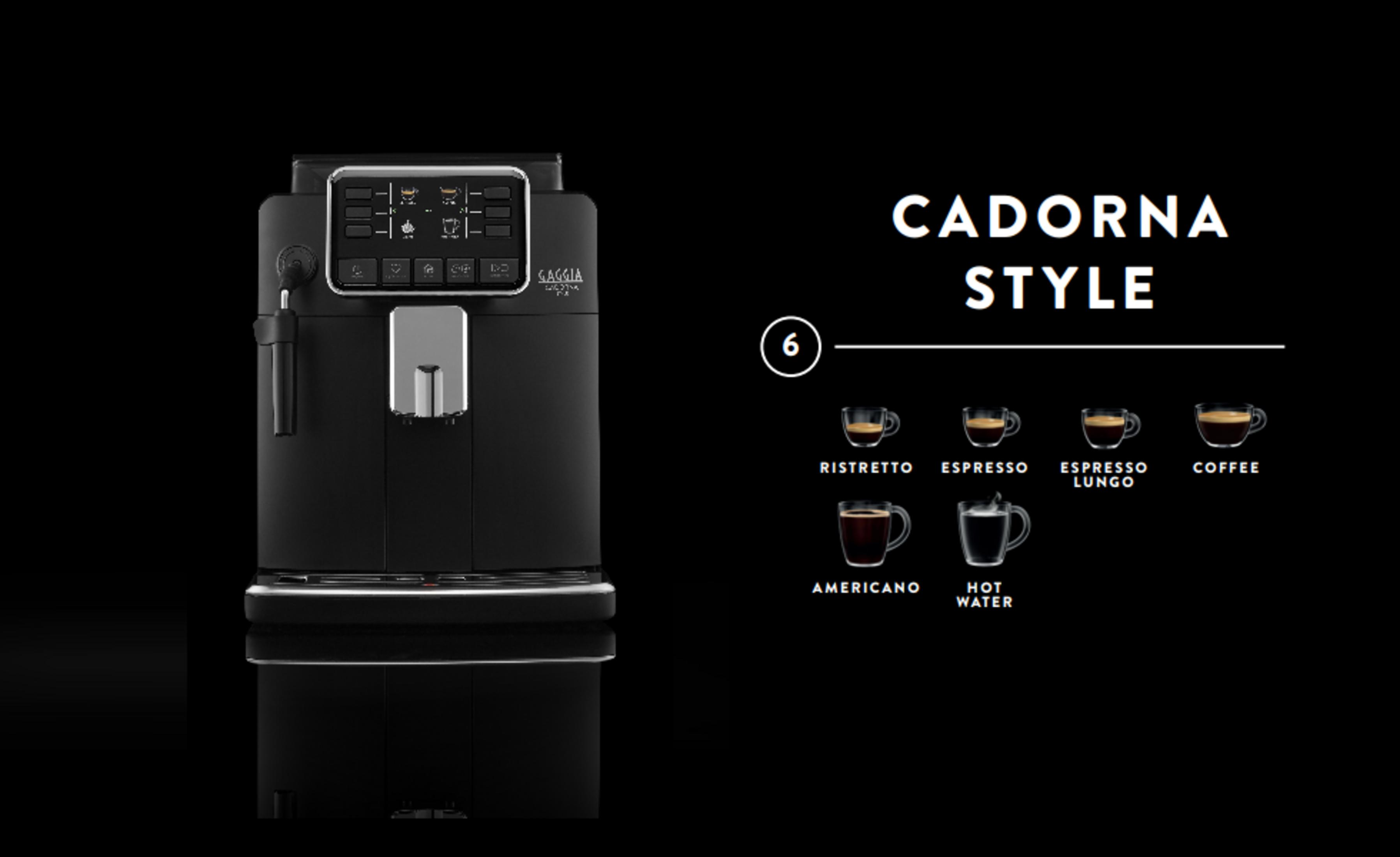 Schwarze Gaggia Cadorna Style Kaffeemaschine mit Symbolen für sechs verschiedene Getränke.