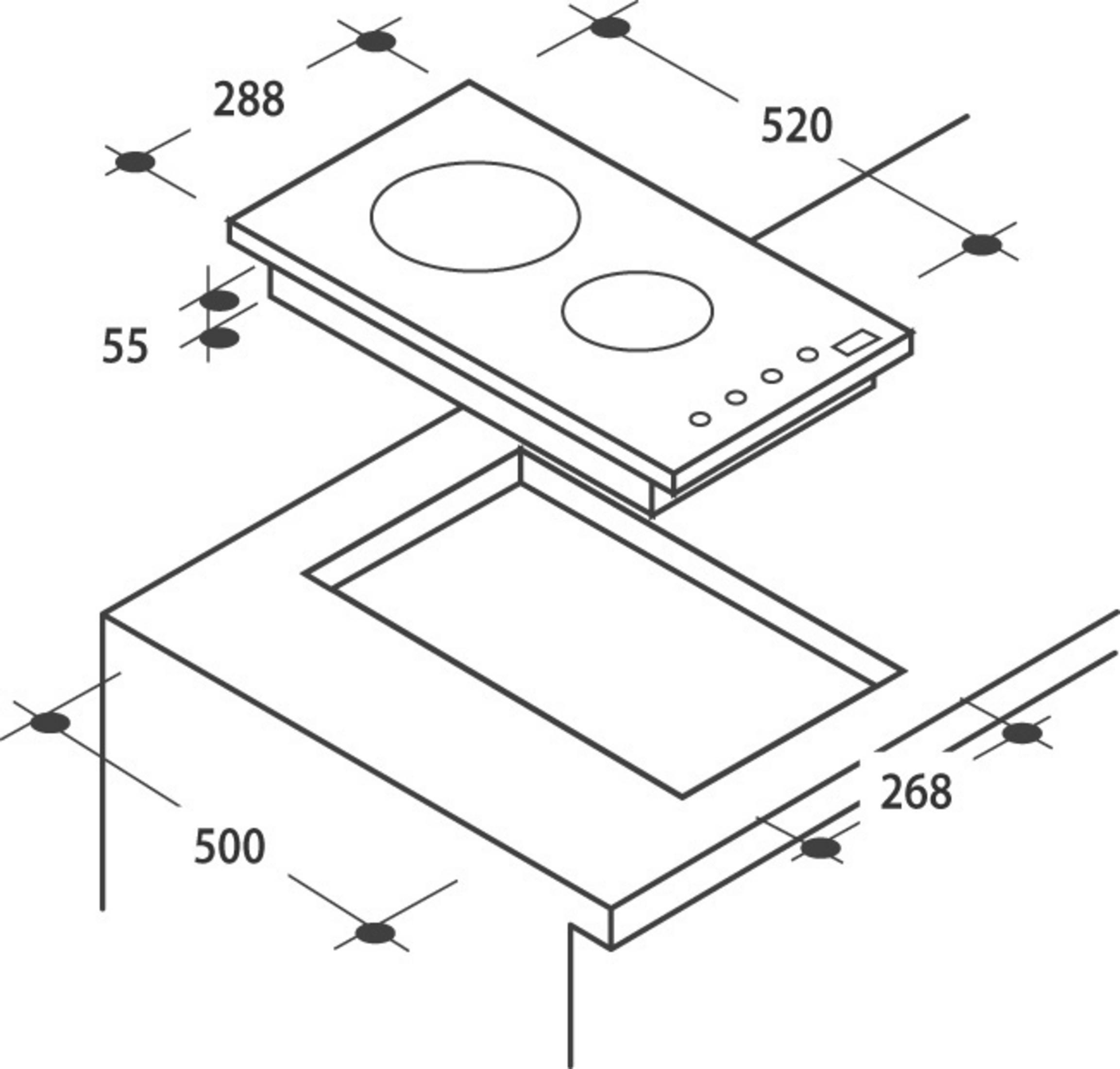 Dibujo técnico de una encimera con dimensiones para su instalación en una encimera.