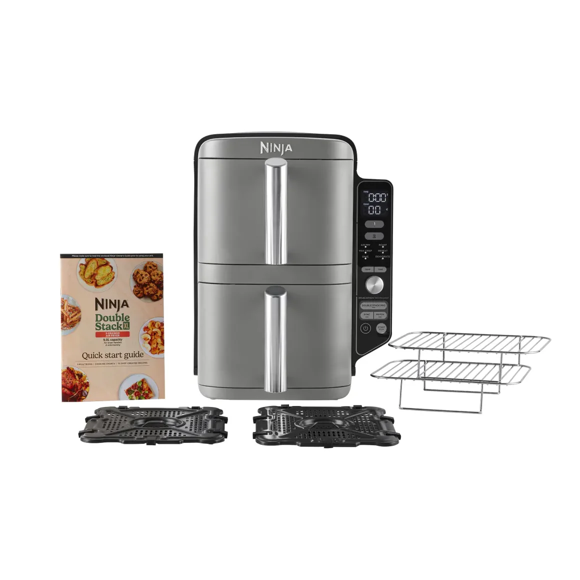 Ninja double stack air fryer with vertical drawers, quick start guide, crisper plates, and wire racks on white.