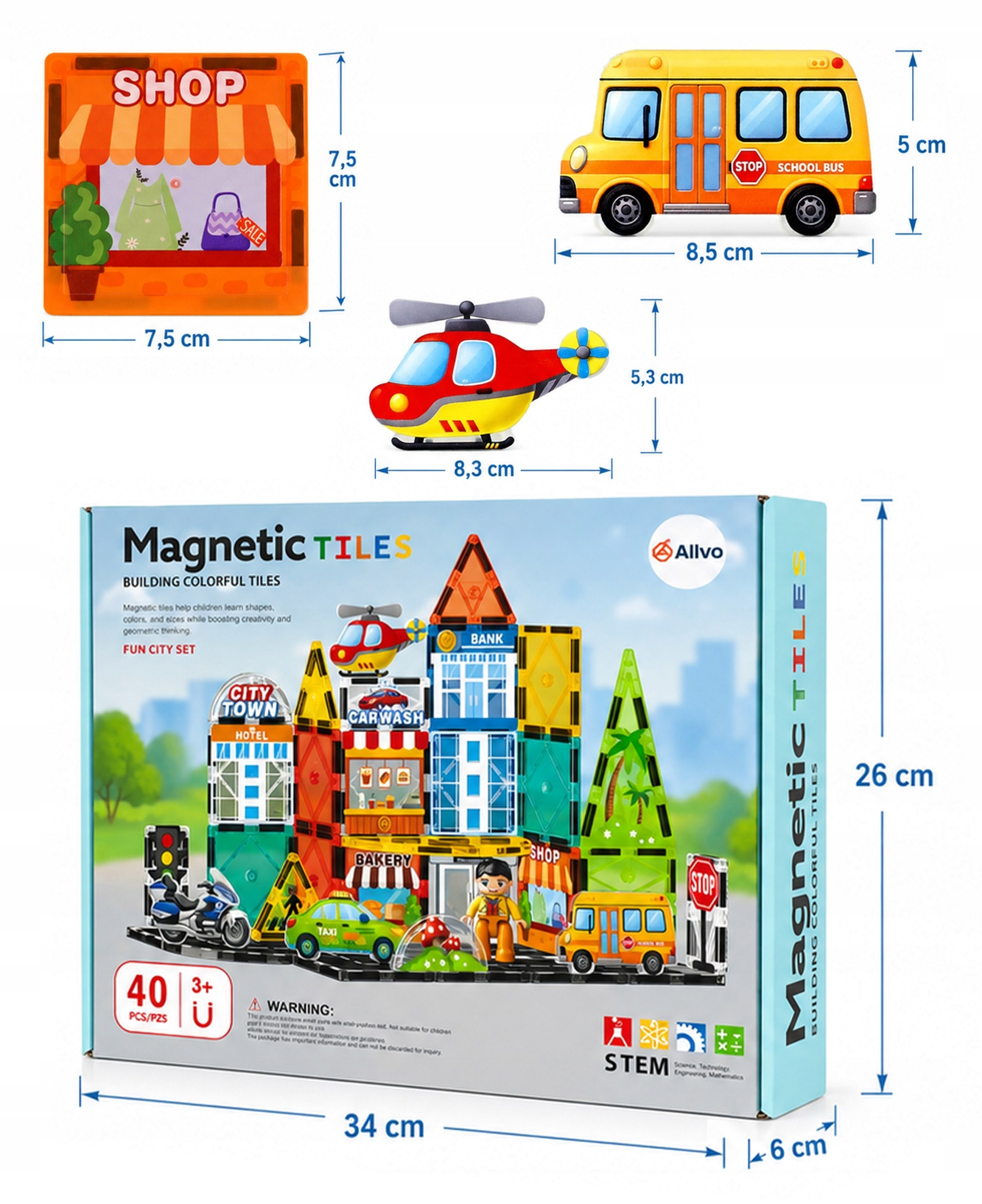 Pudełko z płytkami magnetycznymi z wymiarami i modelami zabawek, w tym autobusem, helikopterem i sklepem.