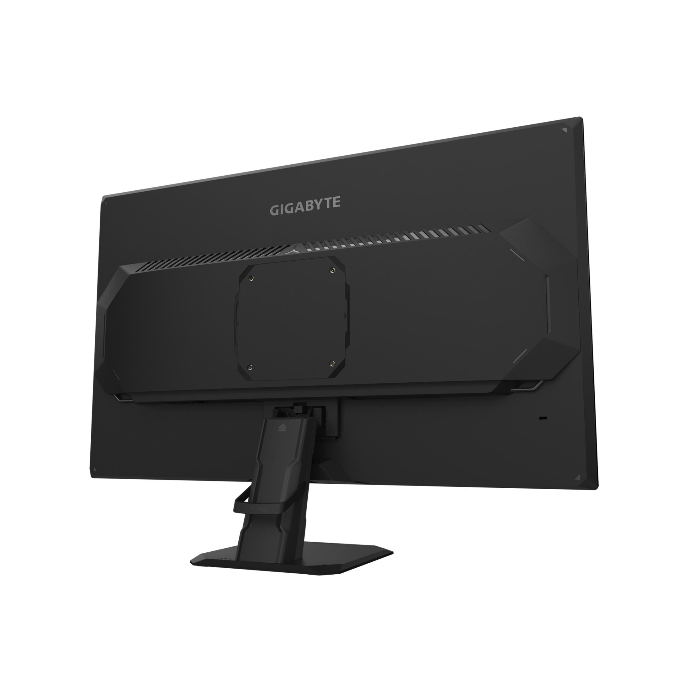 Vista trasera de un monitor de ordenador negro Gigabyte con soporte sobre fondo blanco.