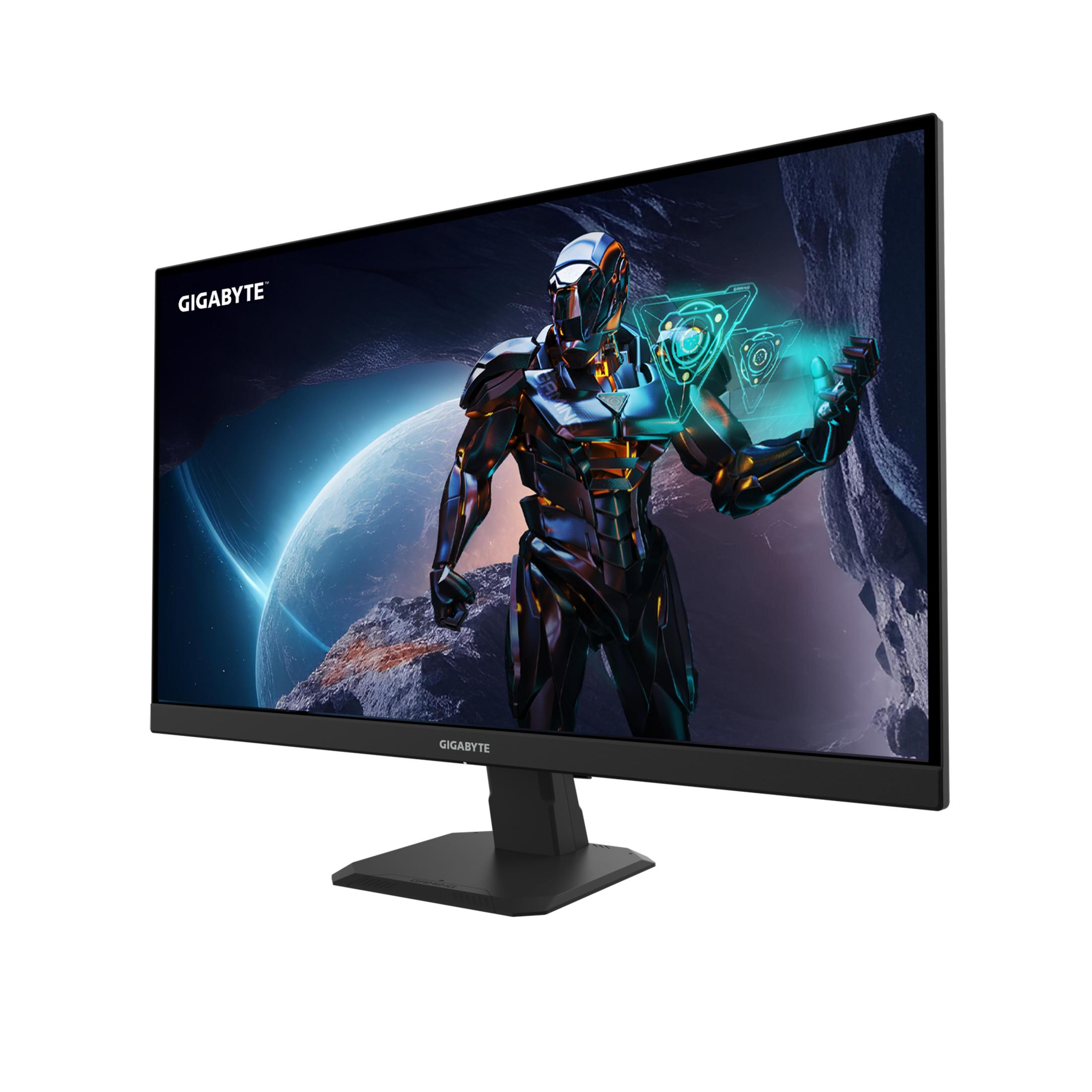 Un monitor de juegos Gigabyte negro muestra un robot en un paisaje de ciencia ficción.