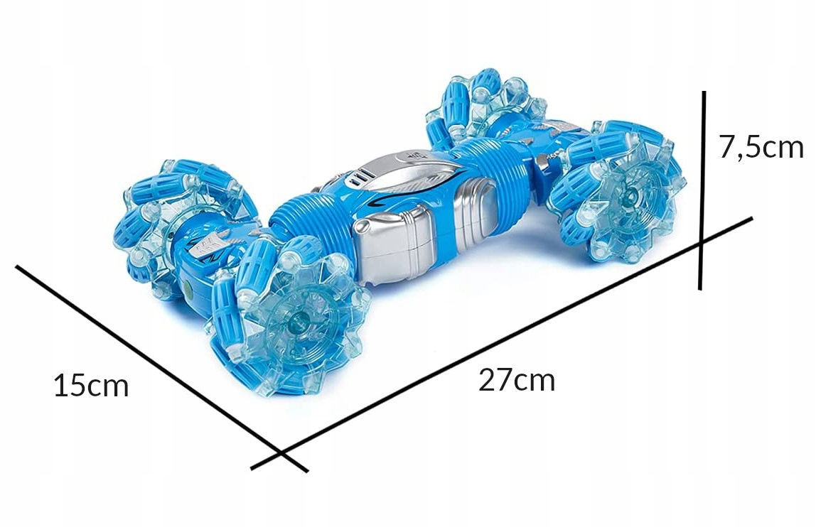 Niebieski samochód akrobatyczny RC o wymiarach 27x15x7,5 cm na białym tle.