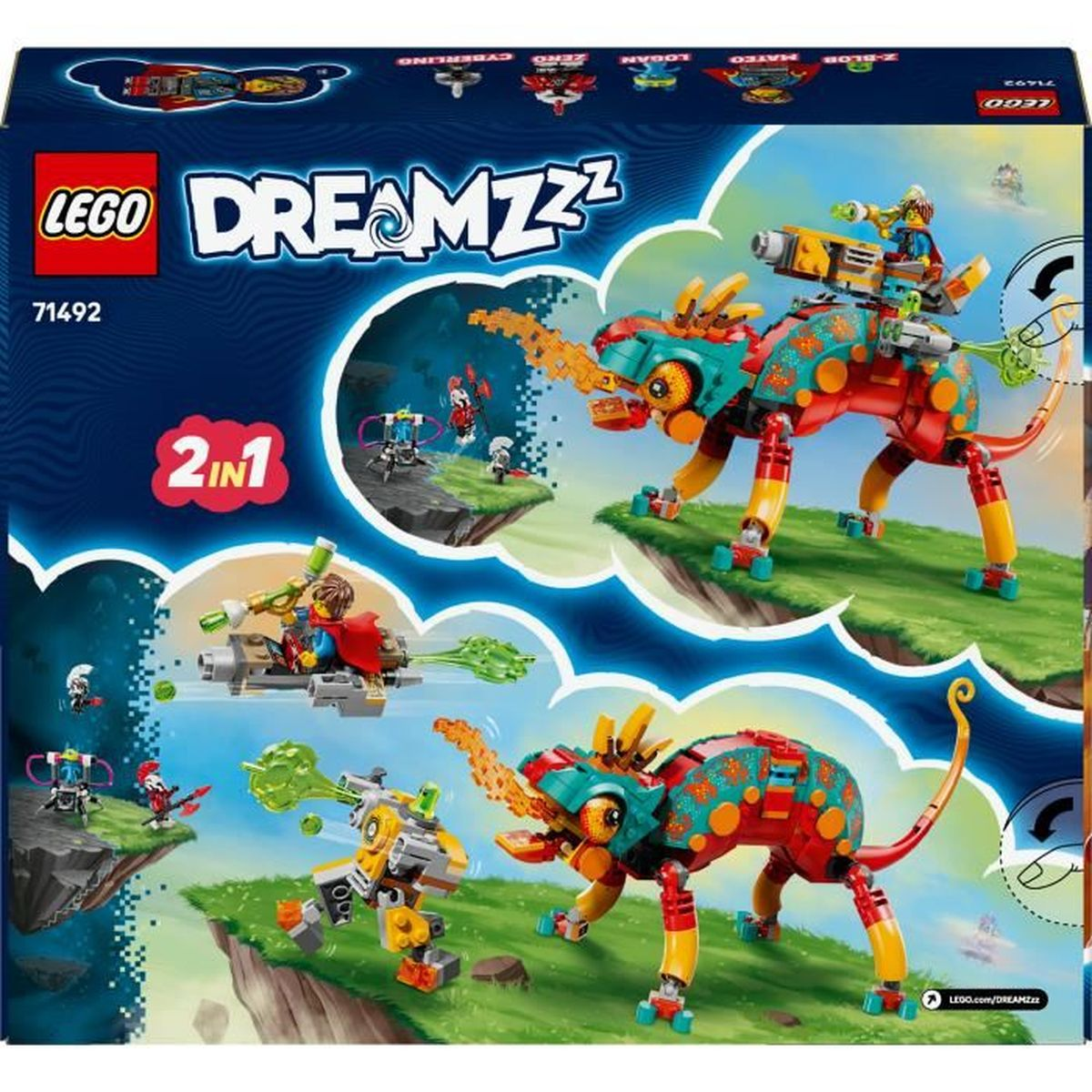 Caja de Lego Dreamzzz 71492 con una criatura colorida, minifiguras y escenas de acción en colinas verdes.