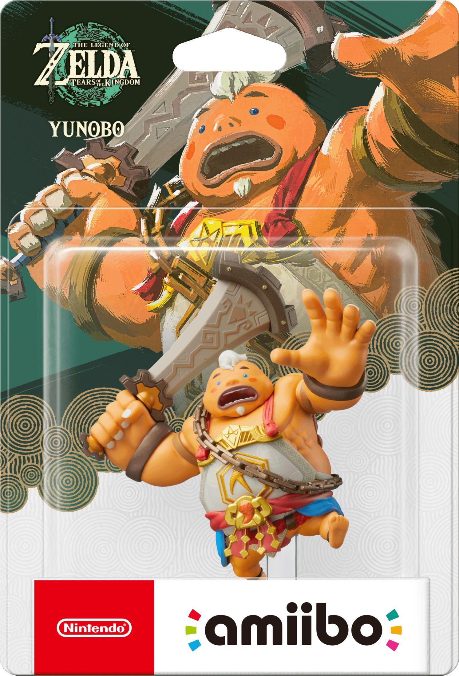 Figura amiibo de Yunobo en su embalaje original sobre un fondo verde de Zelda.