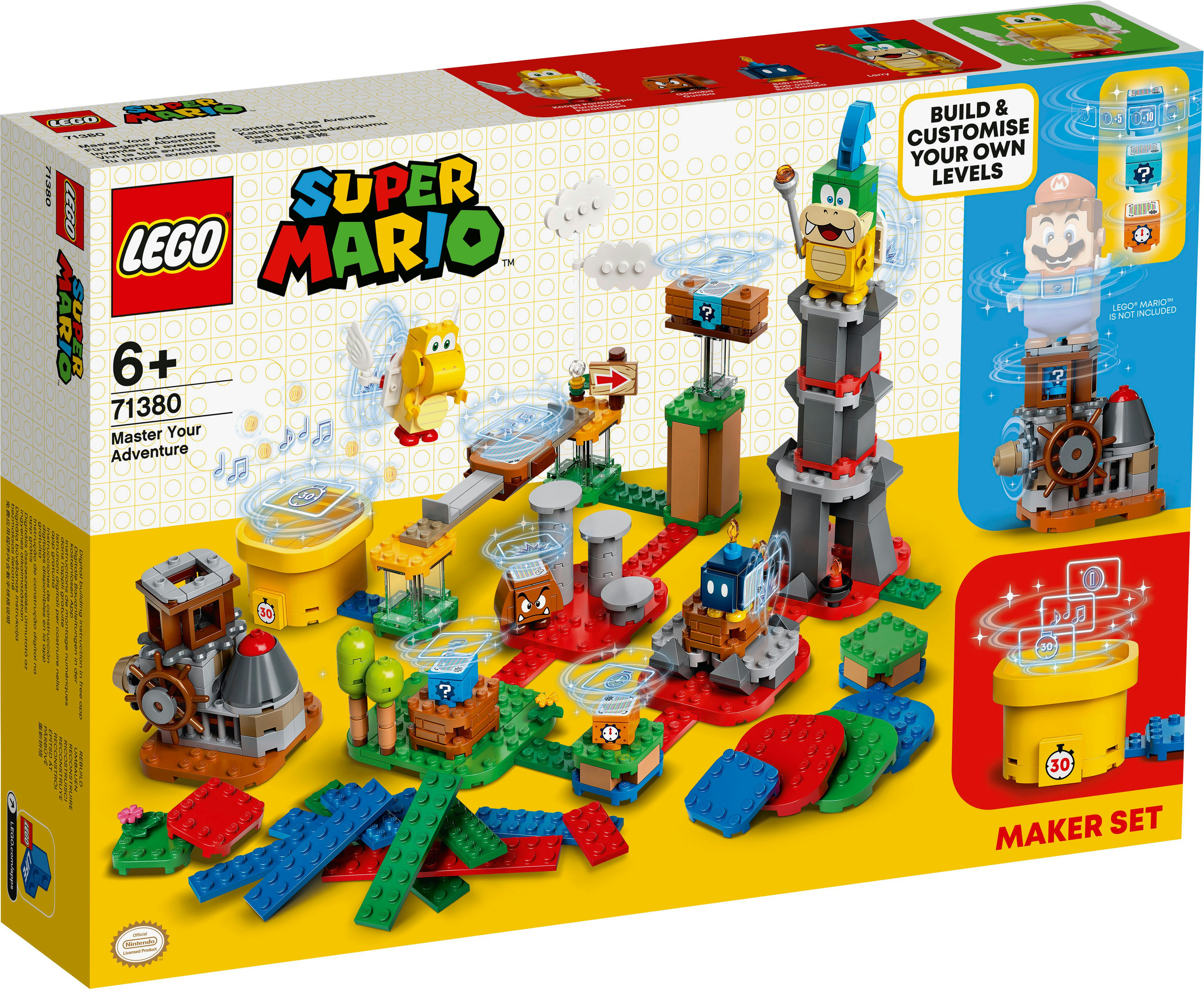 Caja del set LEGO Super Mario Maker con modelos construidos, figuras y bloques de colores.