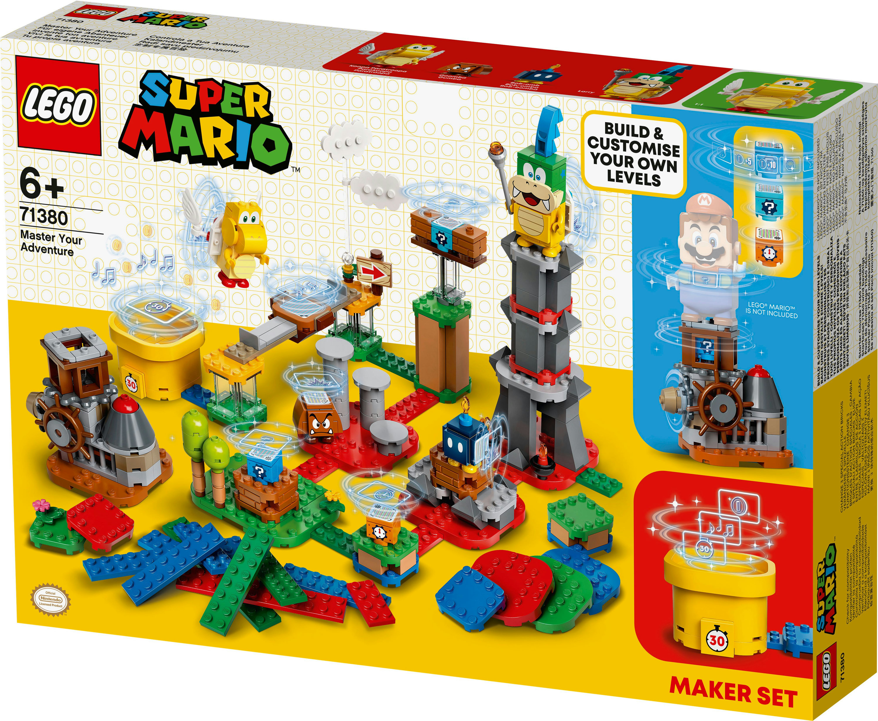 Set de Lego Super Mario con figuras, torres y bloques interactivos sobre fondo amarillo.