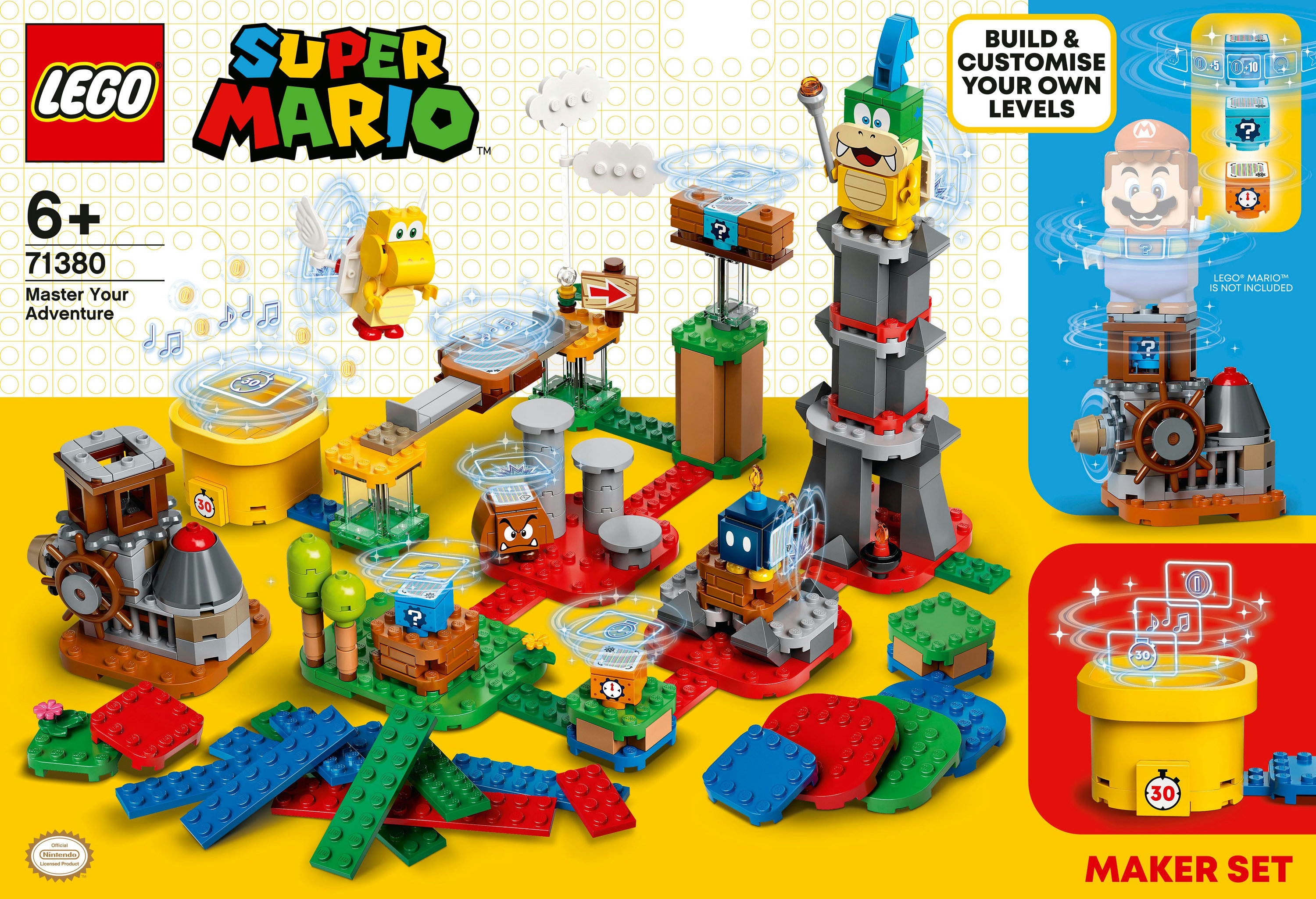 Set de Lego Super Mario con personajes, bloques y escenarios modulares sobre fondo amarillo.