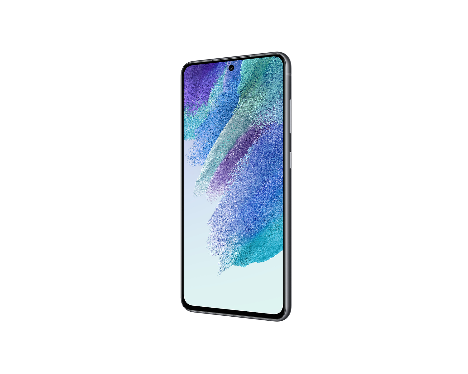 Ein graues Smartphone steht auf weißem Grund und zeigt einen abstrakten blauen und violetten Bildschirmhintergrund.