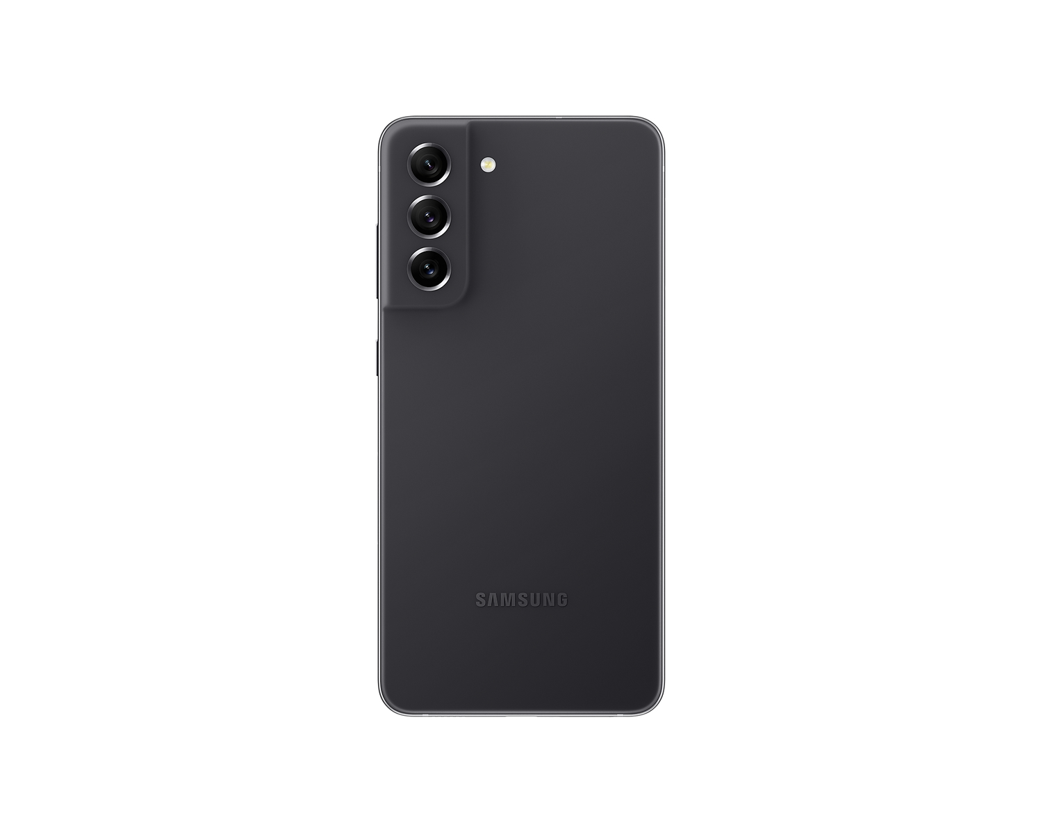 Rückseite eines dunklen Samsung-Smartphones mit vertikaler Dreifachkamera und Blitz auf weißem Hintergrund.
