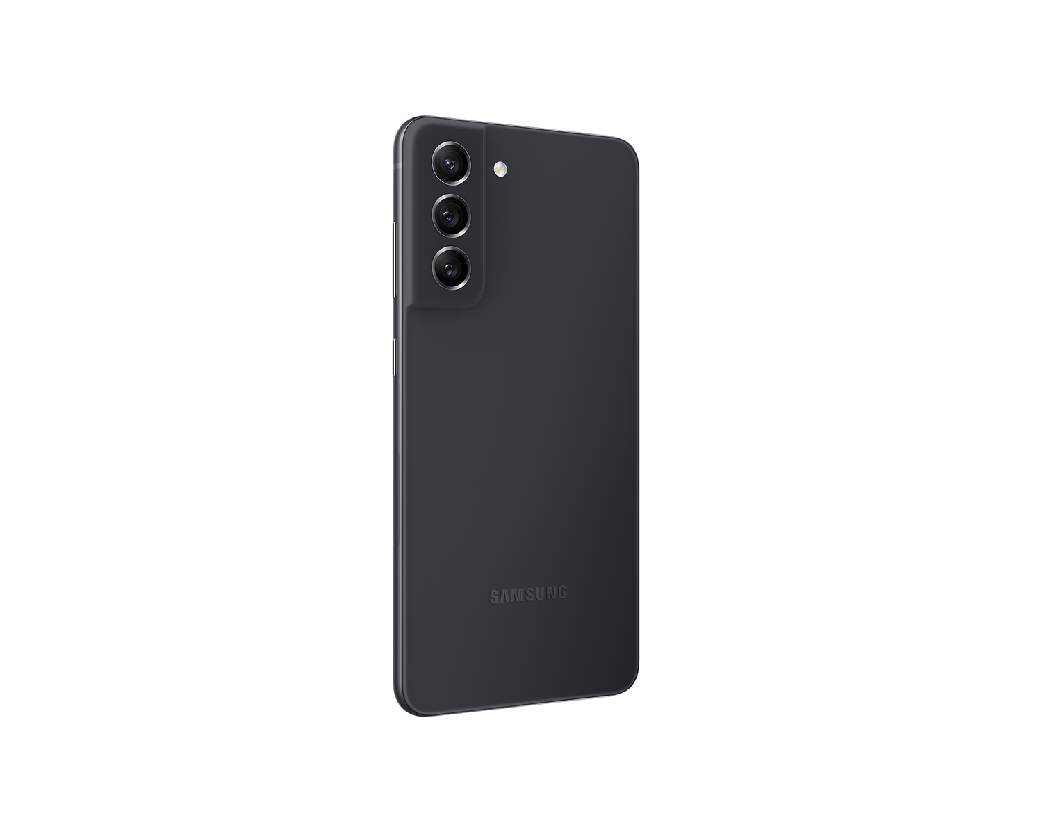 Rückansicht eines schwarzen Smartphones mit vertikaler Dreifachkamera und Samsung-Logo.