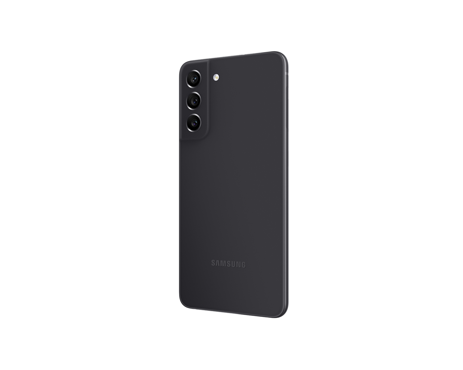 Rückansicht eines dunklen Samsung-Smartphones mit drei vertikalen Kameras.