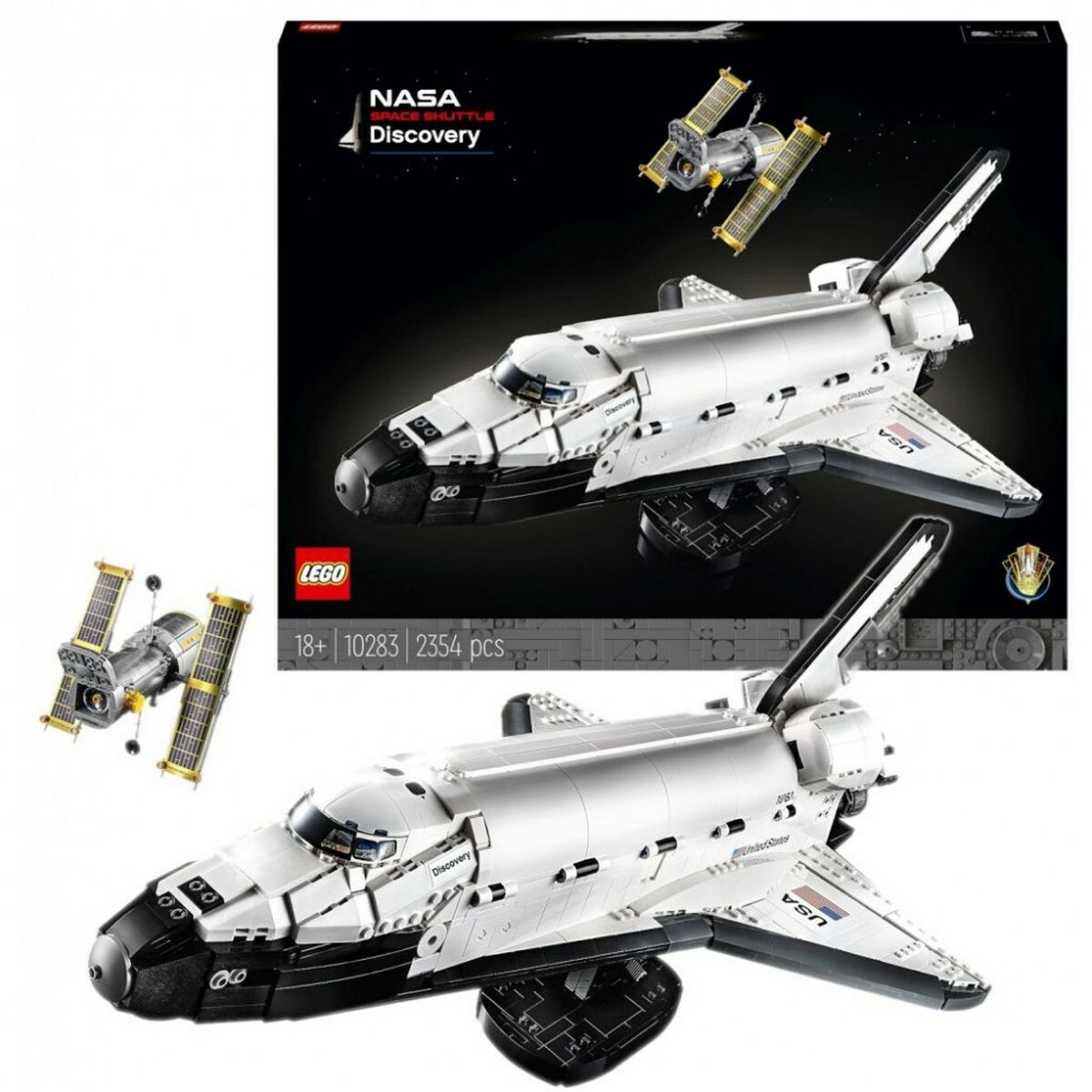 Ensemble Lego NASA Space Shuttle Discovery avec le télescope spatial Hubble sur emballage noir et modèle assemblé.
