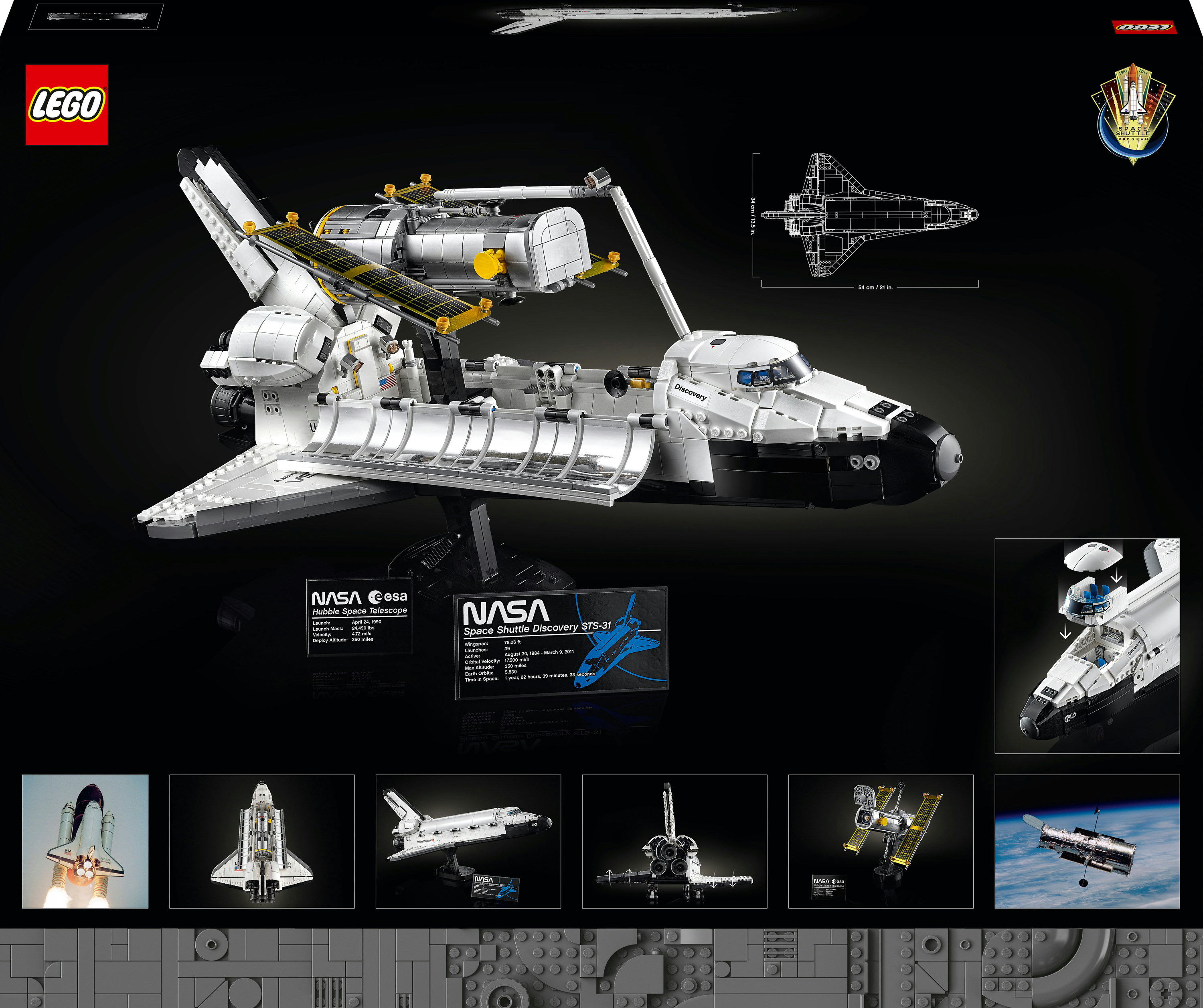 Navette spatiale Lego NASA Discovery avec télescope Hubble sur fond noir.
