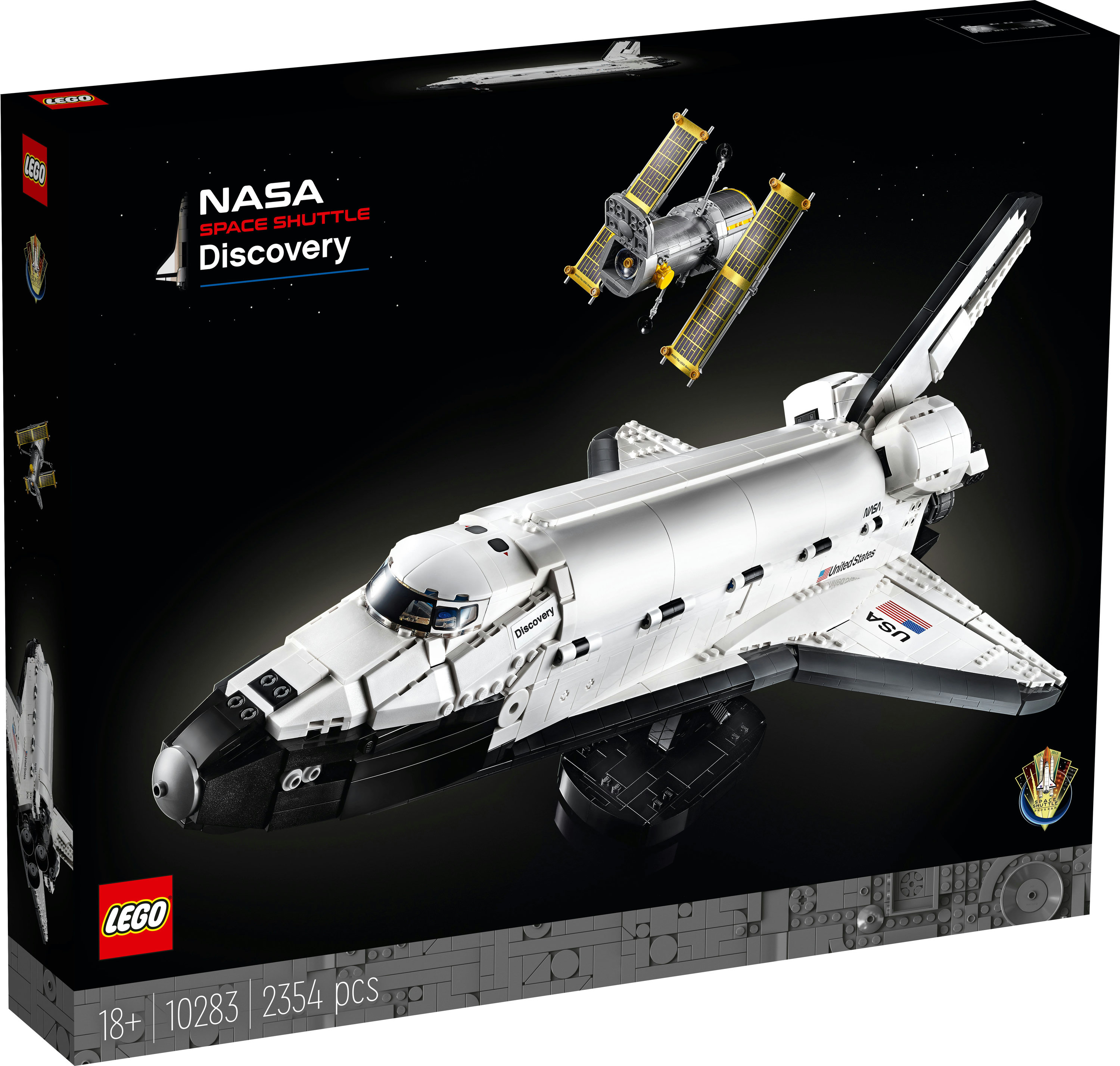 Ensemble Lego de la navette spatiale Discovery de la NASA avec le télescope Hubble sur fond noir.