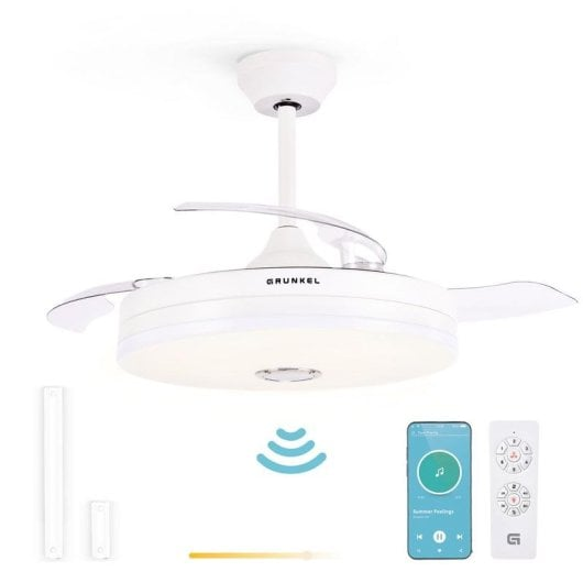 Un ventilador de techo blanco con aspas retráctiles, luz central, control remoto y app para smartphone.