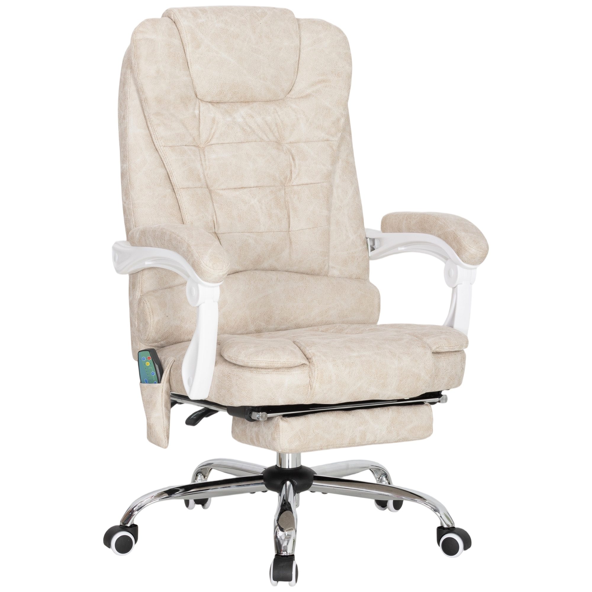 Una sedia da ufficio ergonomica beige con schienale alto, braccioli bianchi, base cromata e telecomando.
