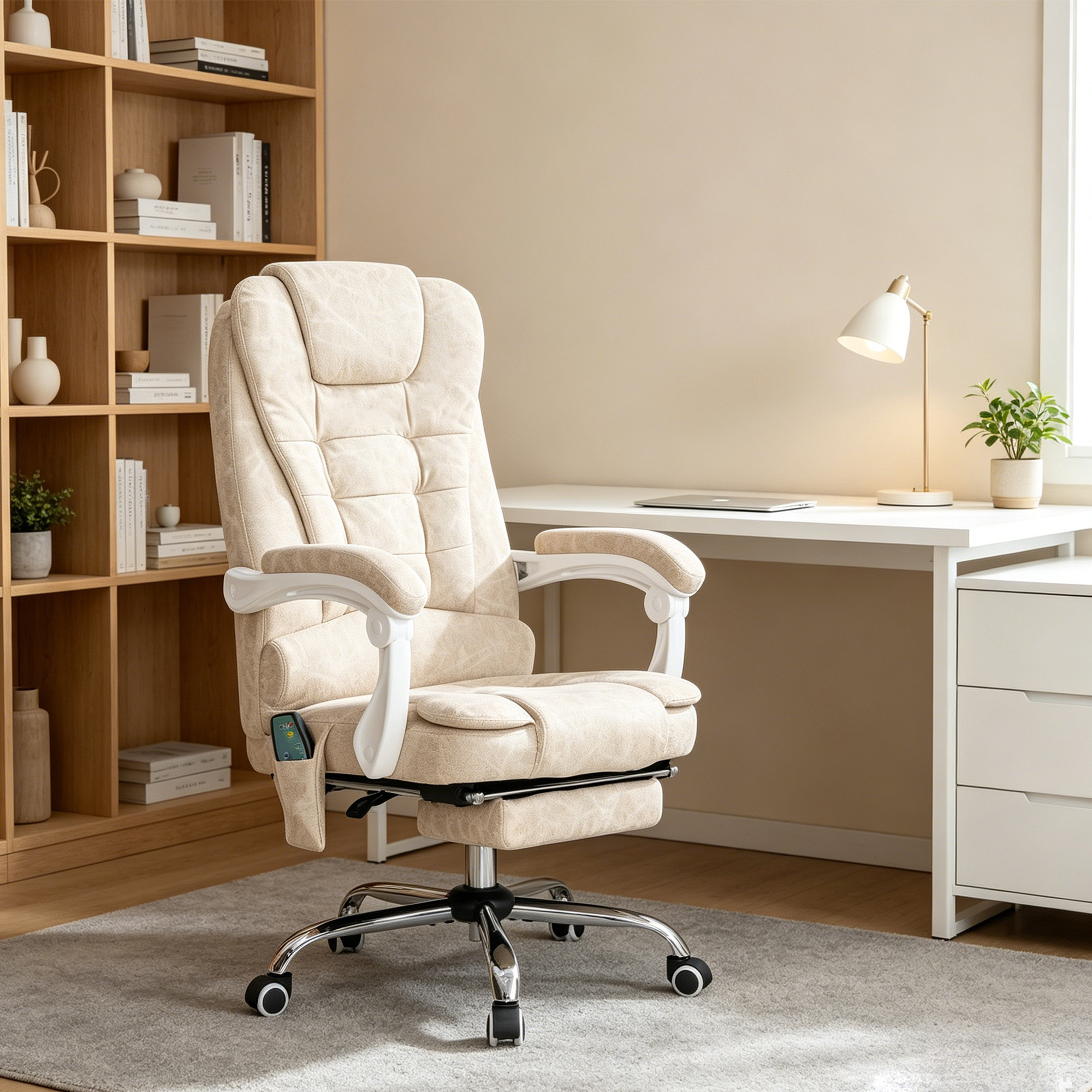 Una sedia da ufficio beige con dettagli bianchi si trova su un tappeto grigio in una stanza luminosa con scrivania e libreria.