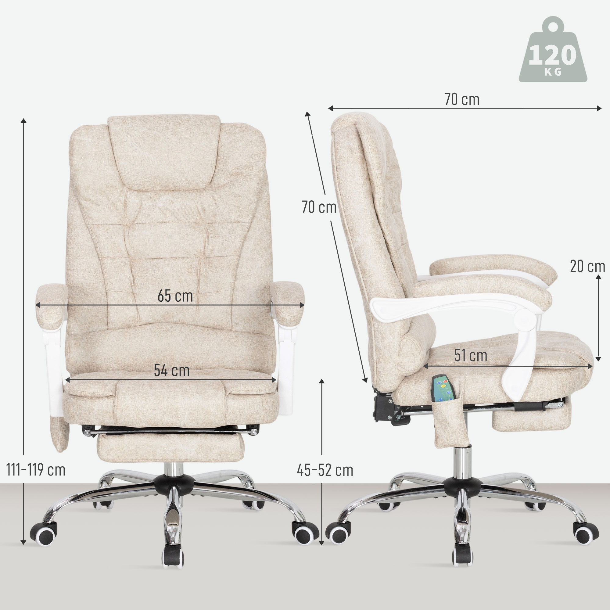 Sedia da ufficio massaggiante beige con dimensioni e telaio bianco.