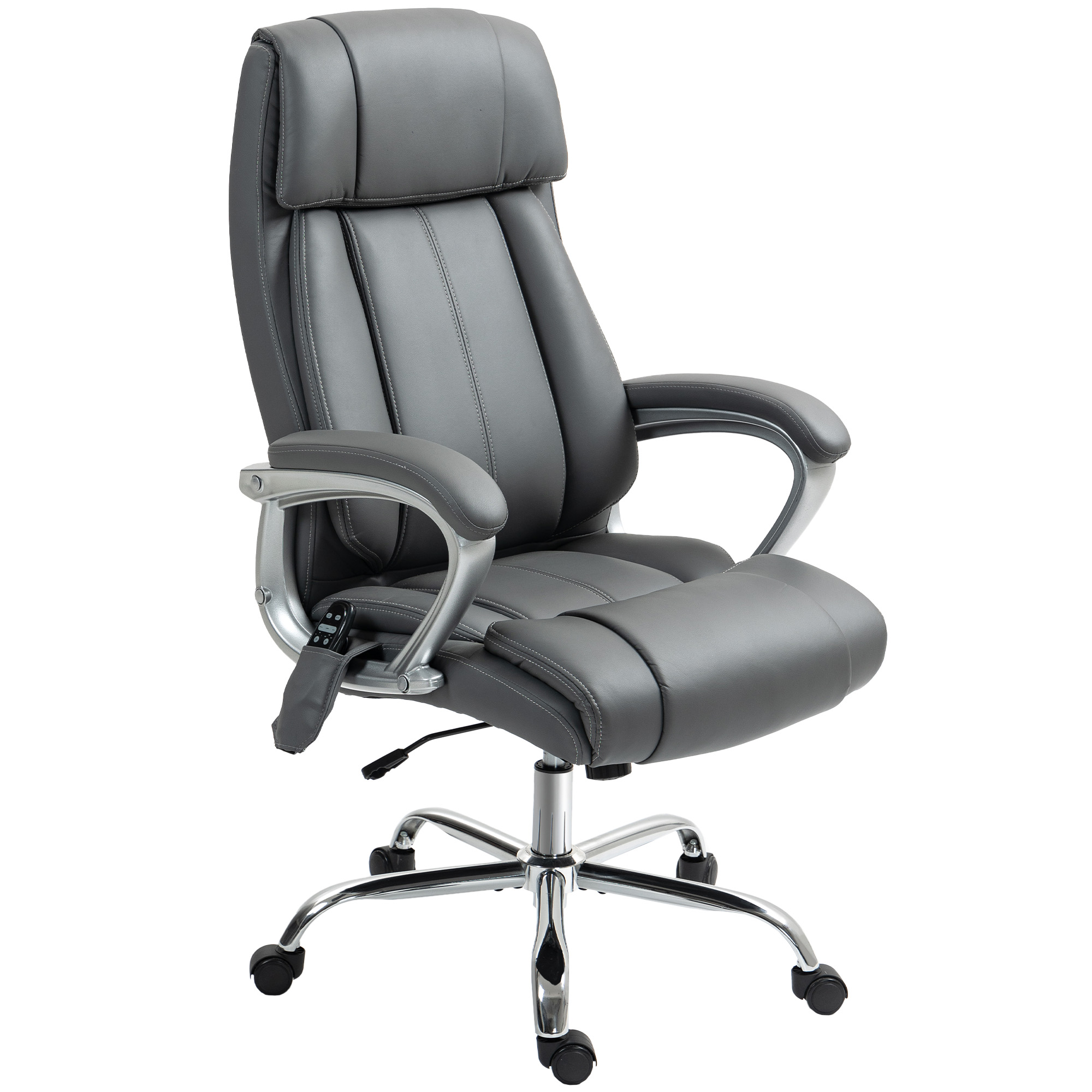 Una sedia da ufficio direzionale in pelle grigia con base cromata a cinque razze, ruote e braccioli grigi su sfondo bianco.
