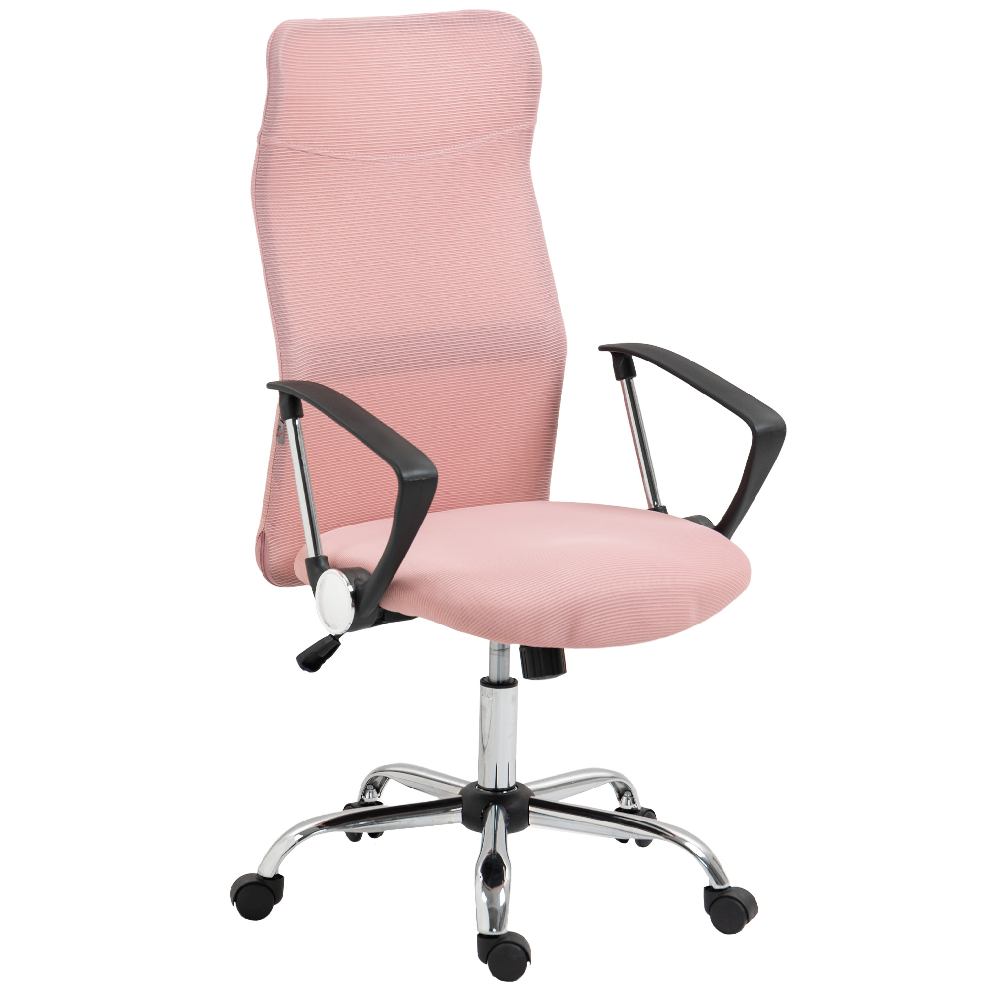 Una moderna sedia da ufficio rosa con braccioli neri e base a stella cromata con ruote, isolata su sfondo bianco.