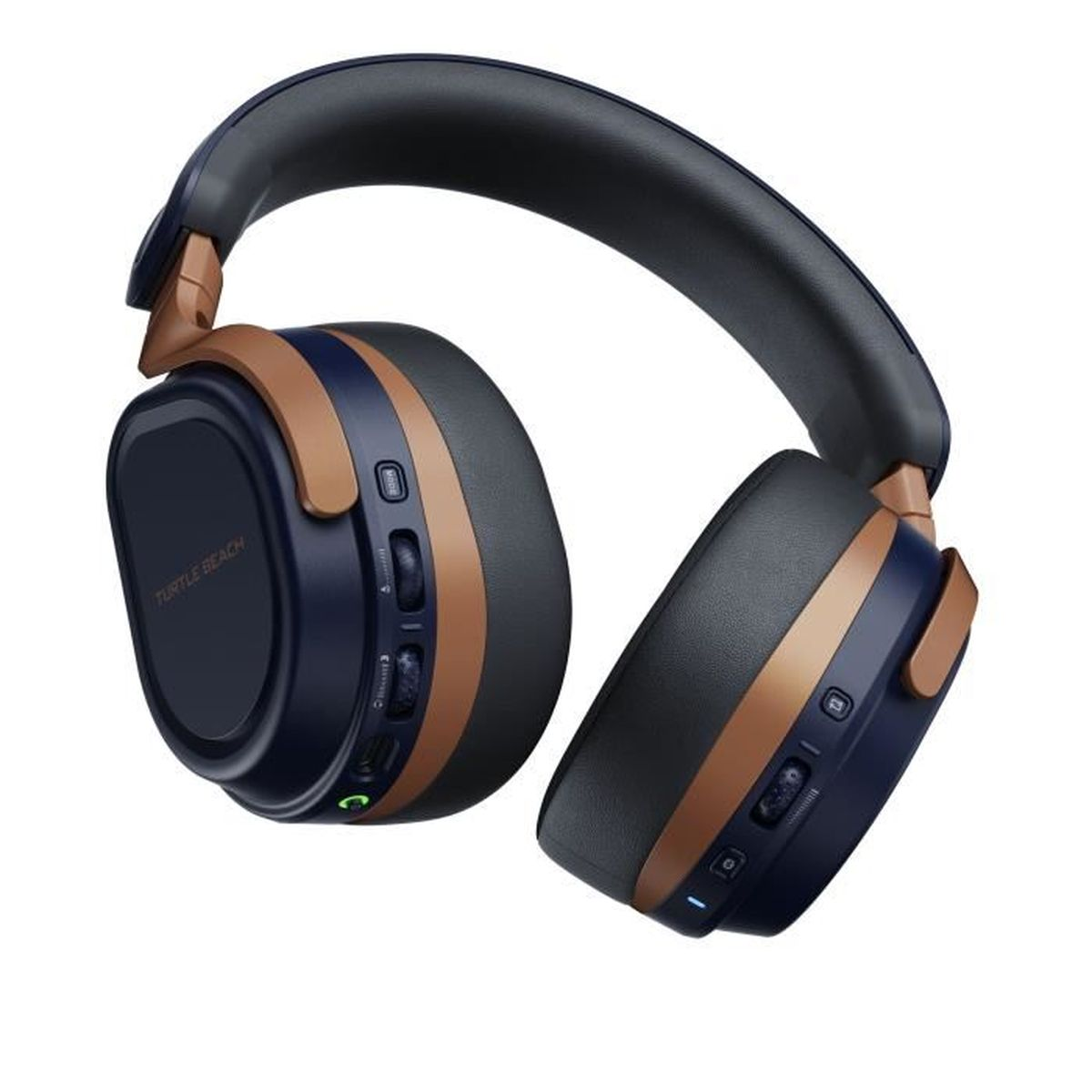 Auriculares supraaurales azul oscuro con detalles en cobre y almohadillas negras sobre fondo blanco.