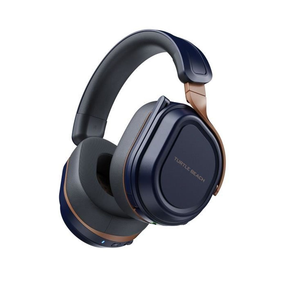 Auriculares inalámbricos para juegos en azul oscuro con detalles en bronce y la marca Turtle Beach en la orejera.