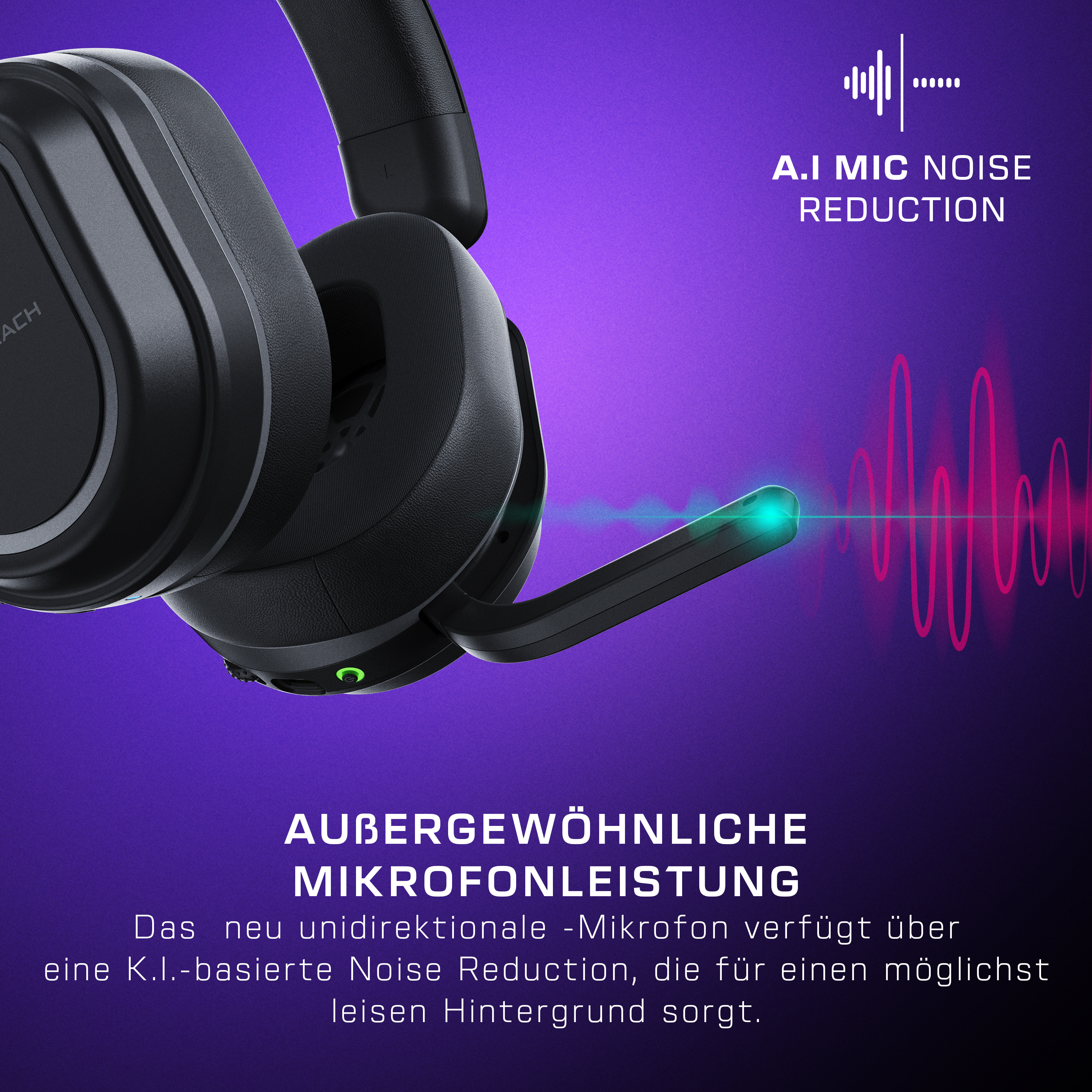 Auriculares gaming negros con micrófono sobre fondo morado y texto sobre reducción de ruido con IA.
