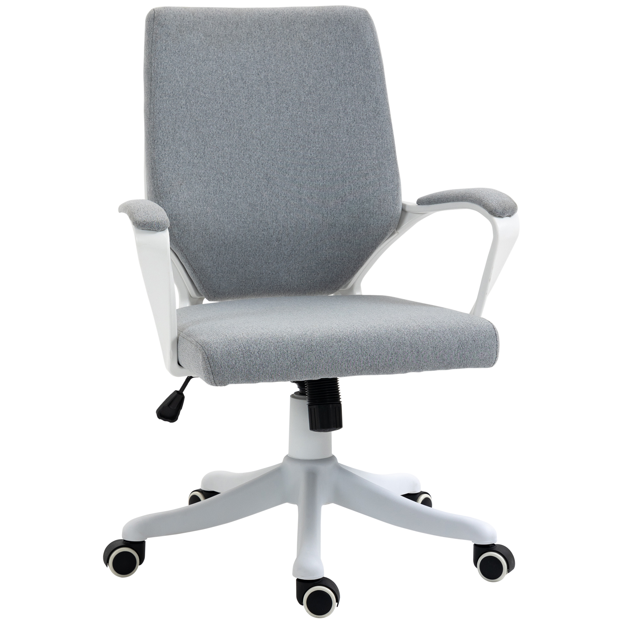 Moderna sedia da ufficio grigia con braccioli bianchi, base bianca e ruote su sfondo bianco.