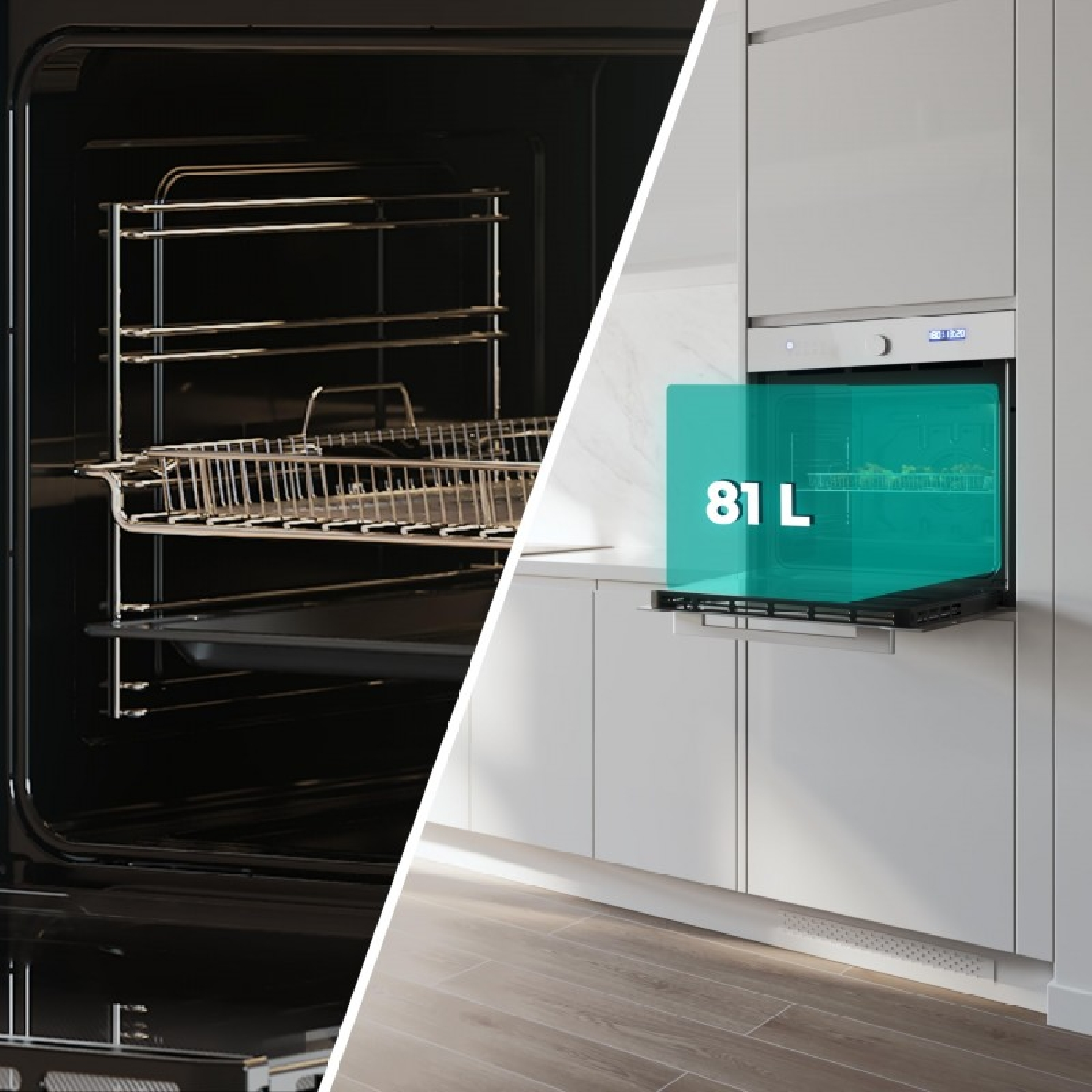 Vista dividida de un horno empotrado moderno de 81L en una cocina luminosa y su interior.