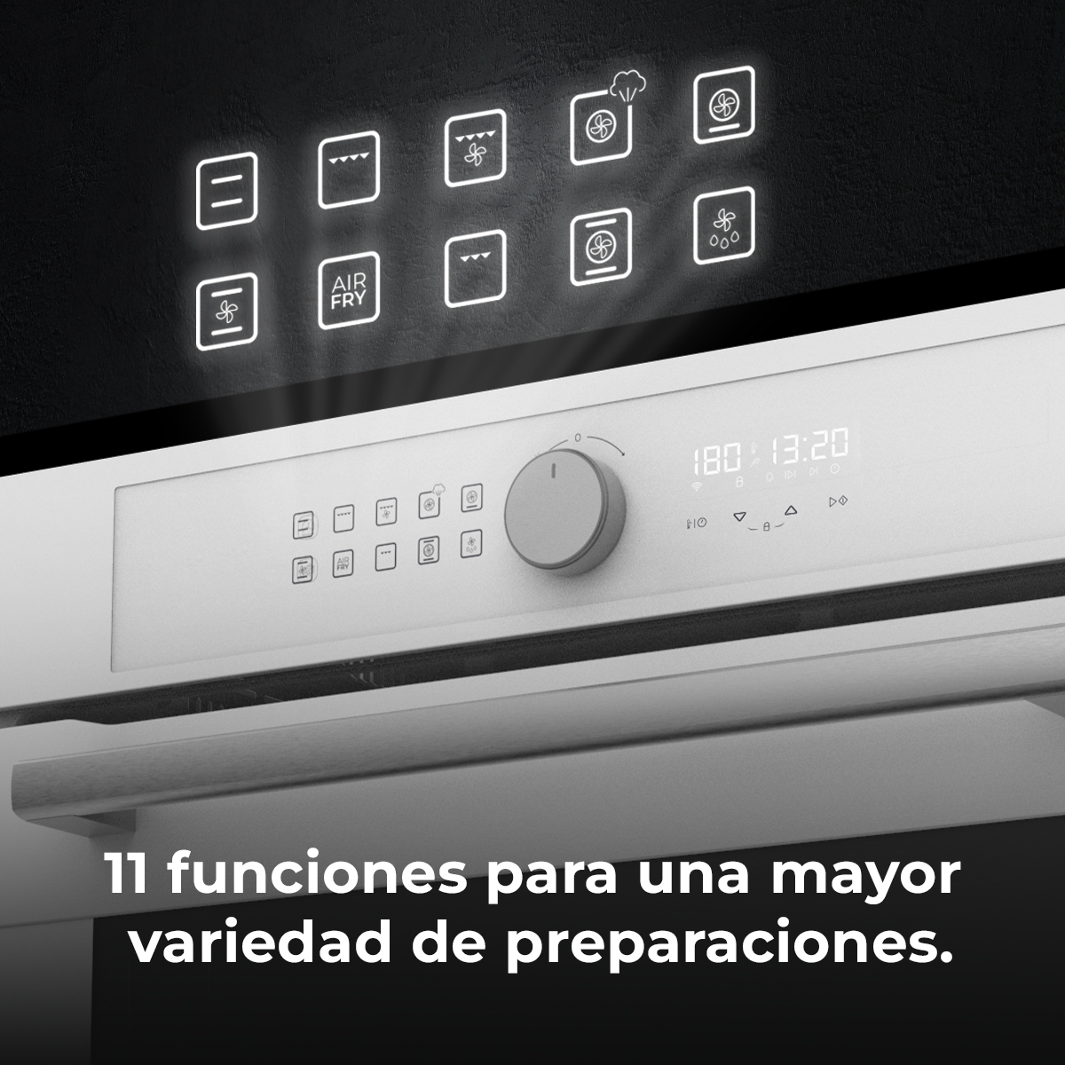 Panel de control de horno blanco con mando central, pantalla digital e iconos iluminados.