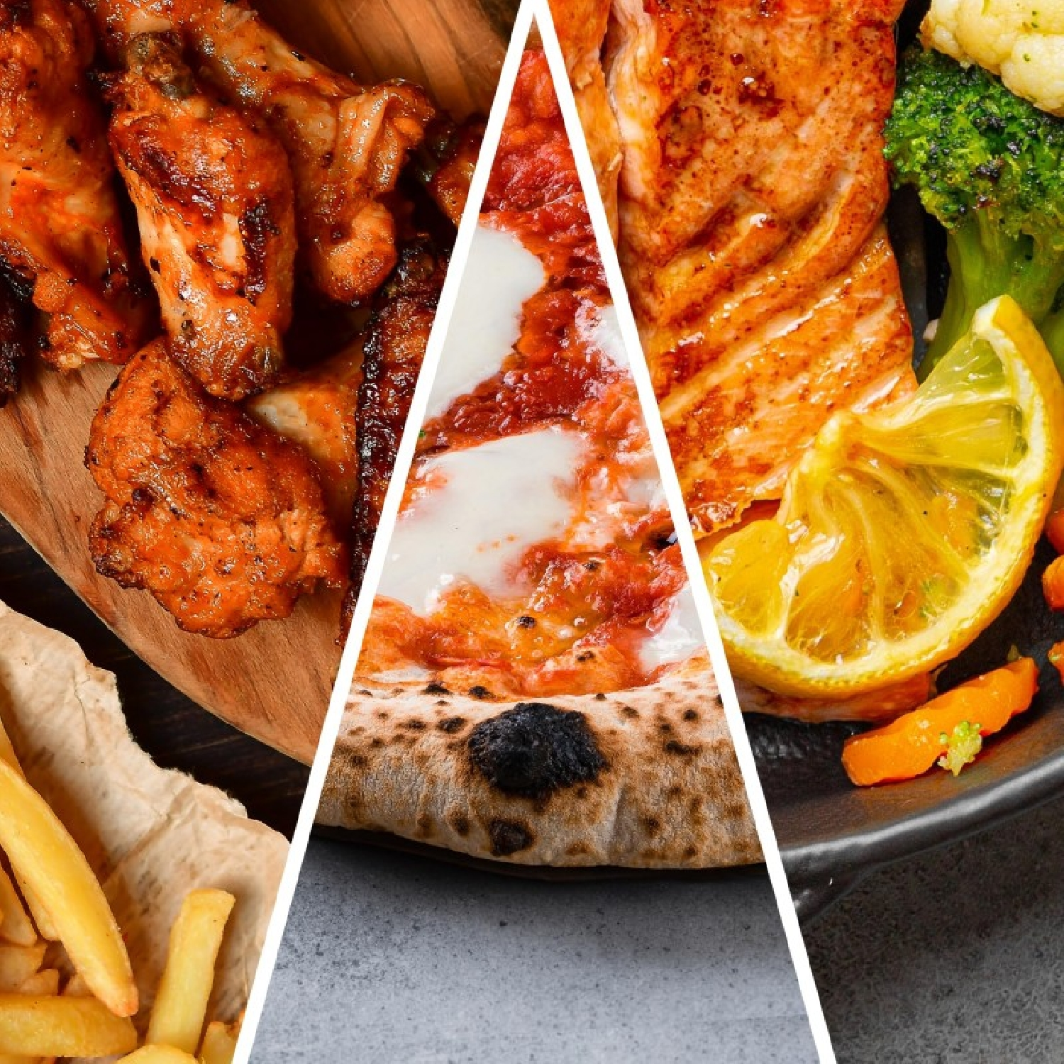 Collage de varios alimentos con alitas de pollo, pizza, salmón con verduras y patatas fritas.