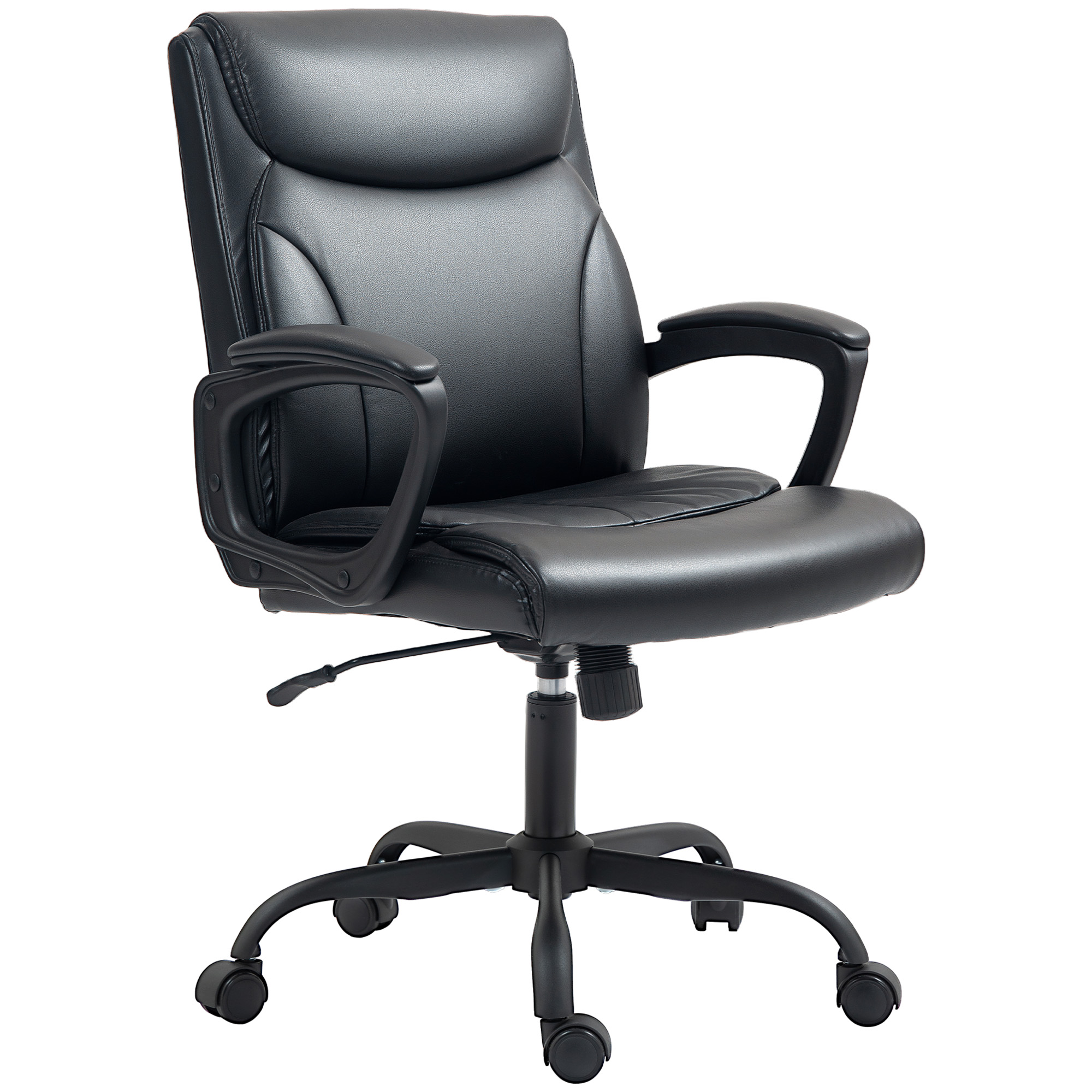 Sedia da ufficio in pelle nera con braccioli, leva di regolazione altezza e base a stella con ruote su sfondo bianco.