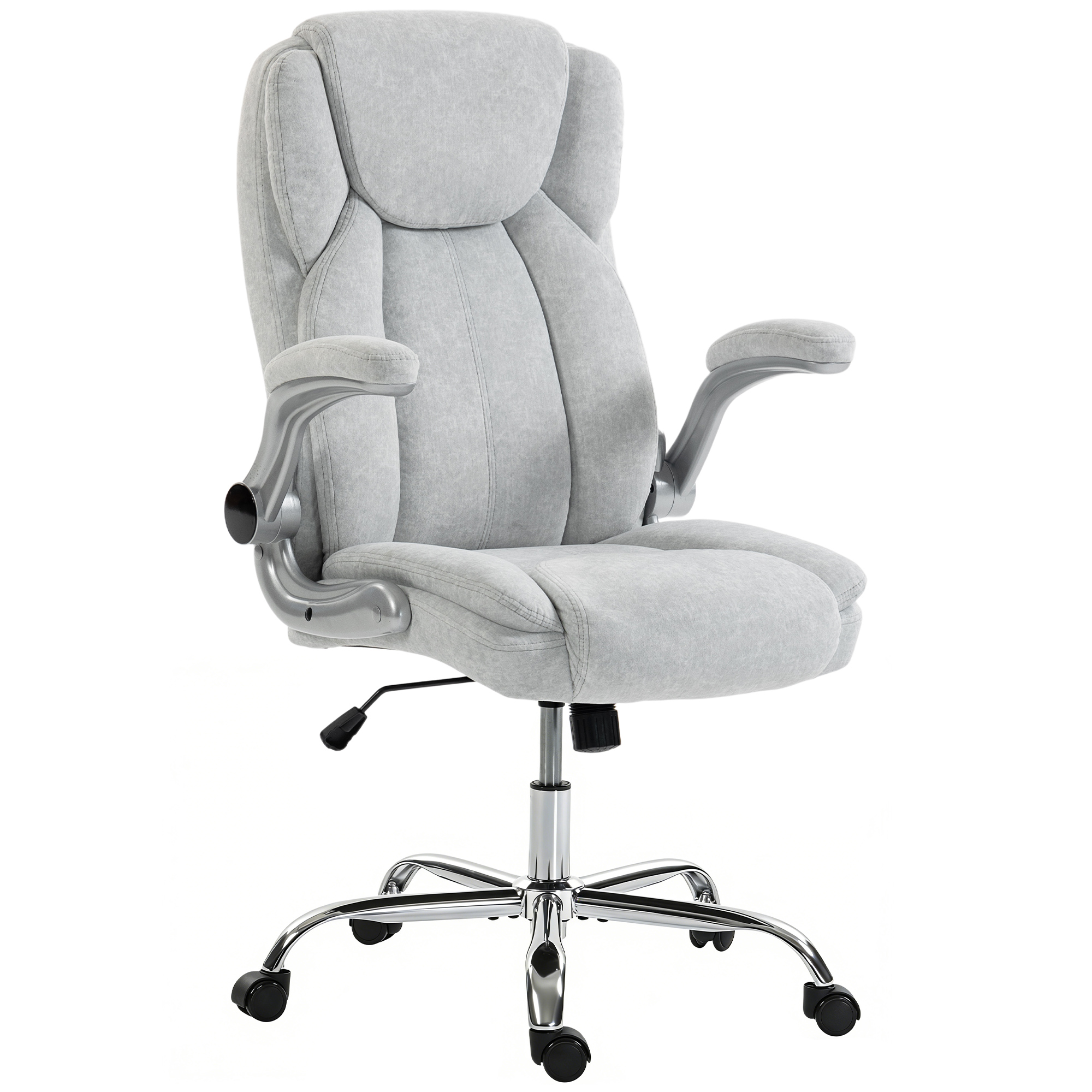 Sedia da ufficio imbottita grigio chiaro con braccioli argentati e base cromata con ruote su sfondo bianco.