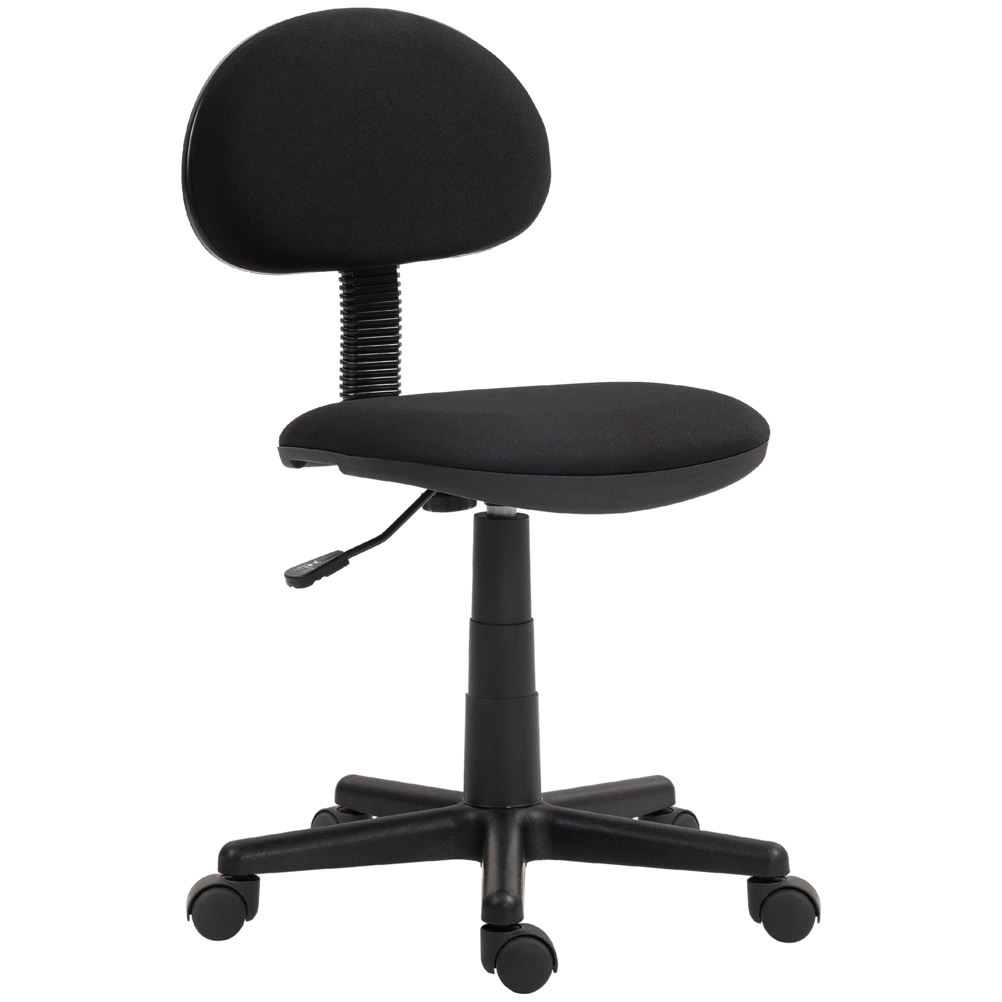 Sedia da ufficio nera con ruote e altezza regolabile su sfondo bianco.