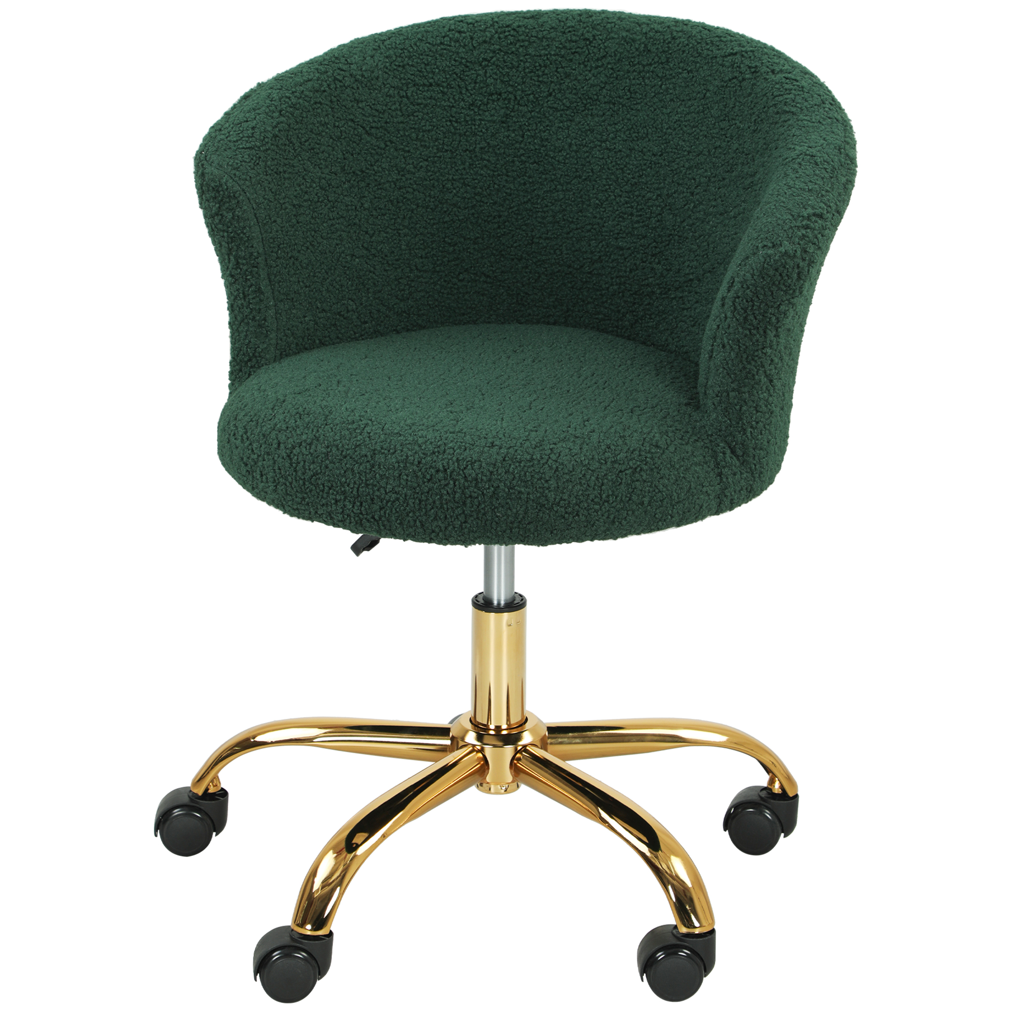 Una sedia da ufficio verde testurizzata con base in metallo dorato e ruote nere.