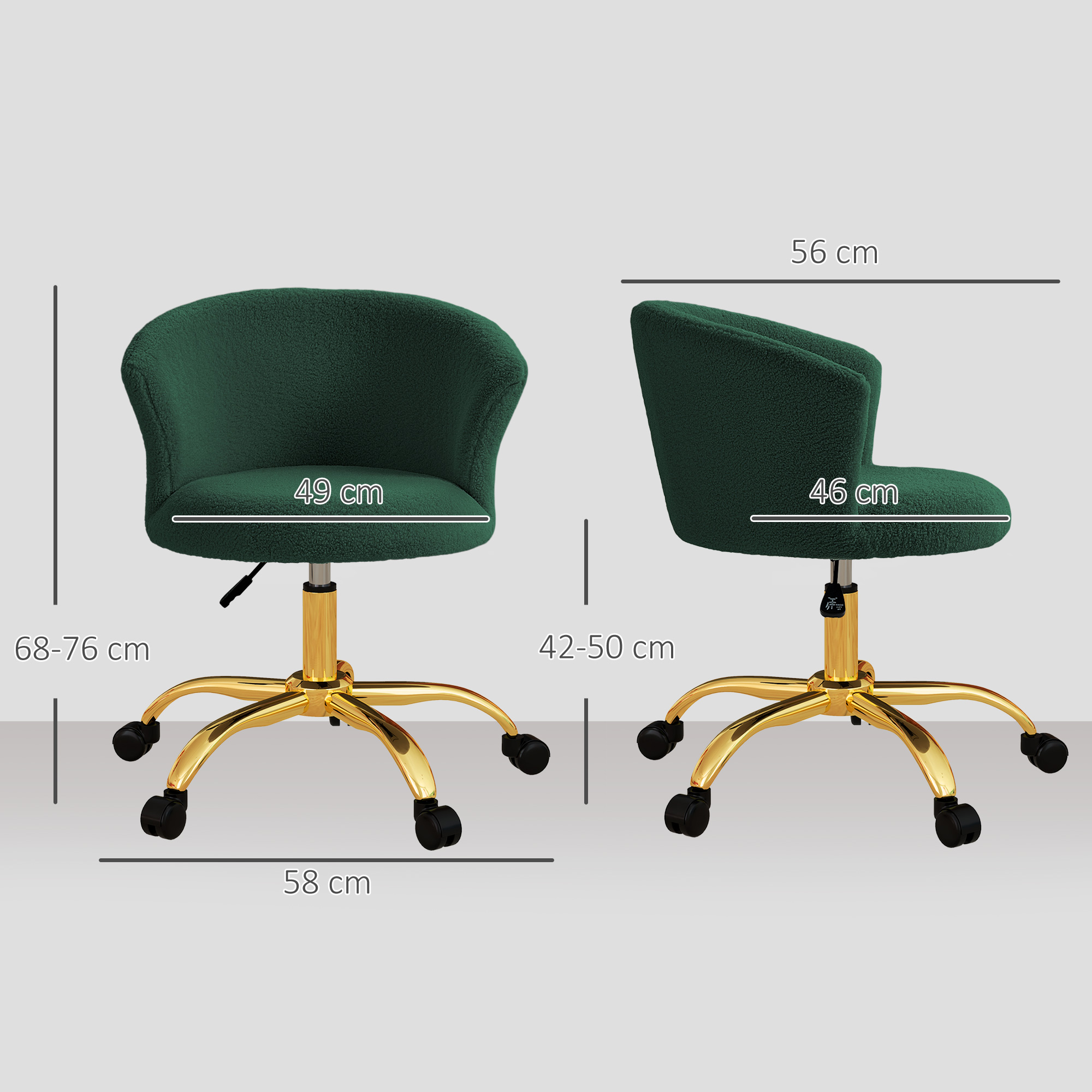 Sedia da ufficcio in tessuto verde con gambe dorate, ruote e dimensioni.
