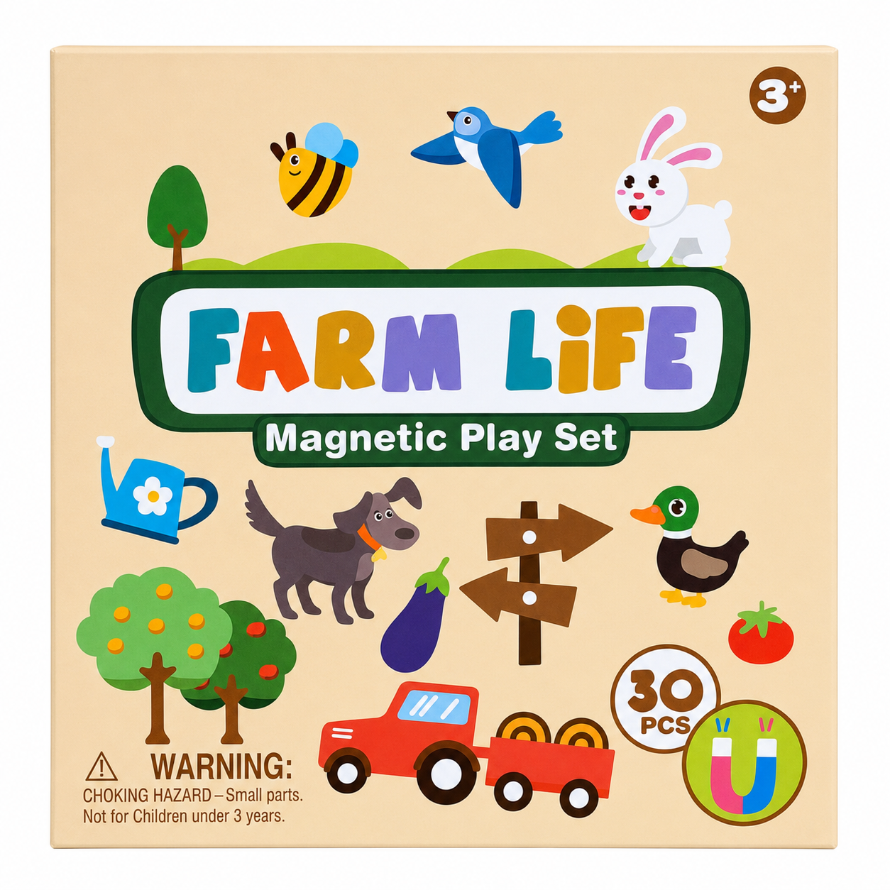 Pudełko magnetycznego zestawu Farm Life ze zwierzętami, drzewami, traktorem i ostrzeżeniami.