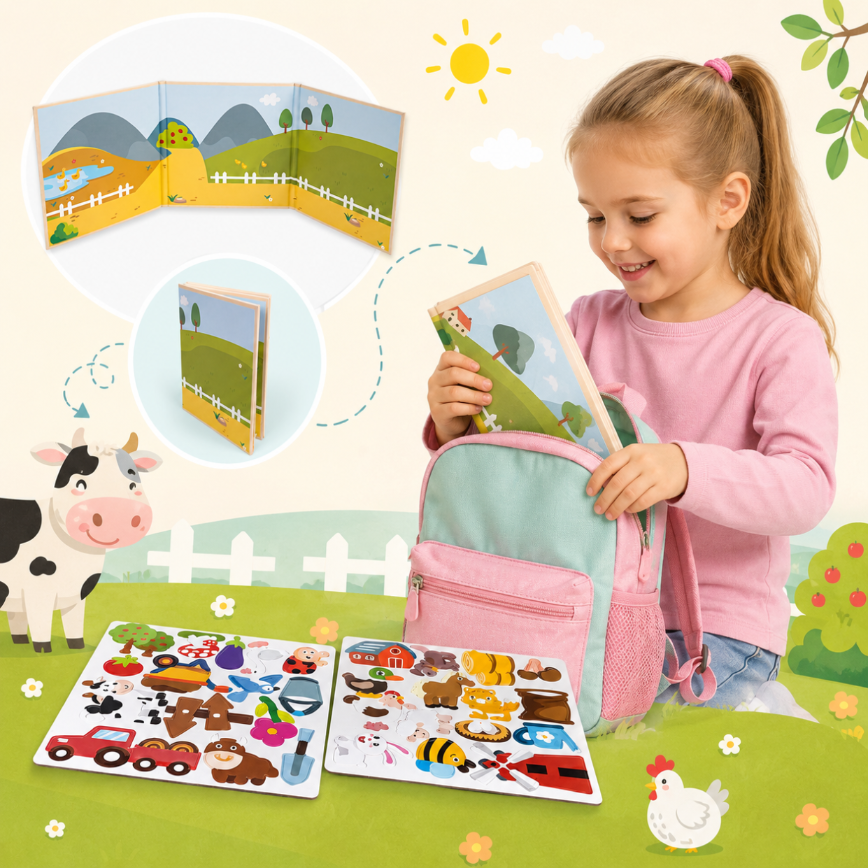 Uśmiechnięta dziewczynka chowa książeczkę z farmą do różowego plecaka, otoczona puzzlami o tematyce wiejskiej.