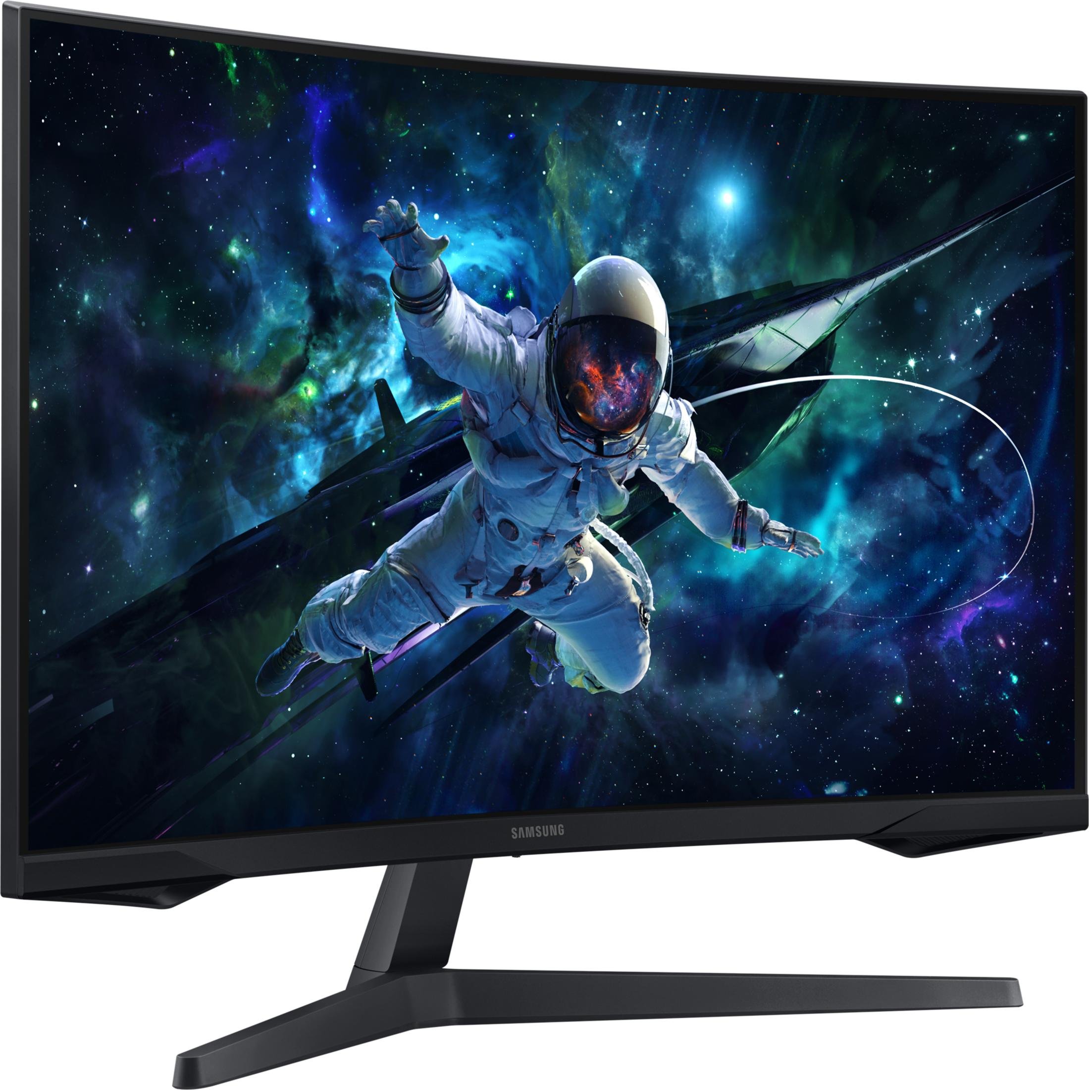 Un monitor de computadora Samsung curvo muestra a un astronauta flotando en una colorida nebulosa espacial.
