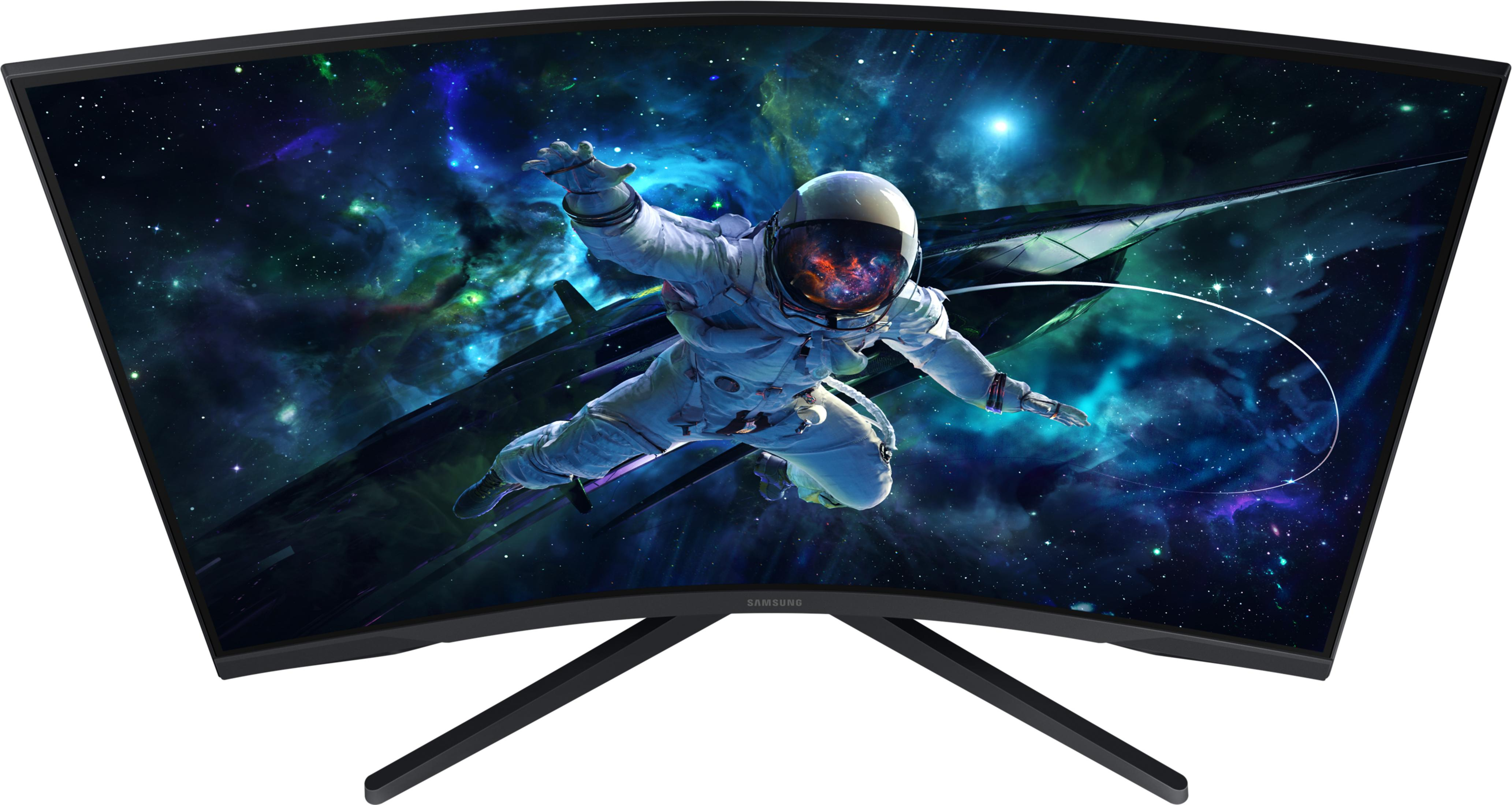 Un monitor curvo de Samsung muestra a un astronauta flotando en el espacio con nebulosas.