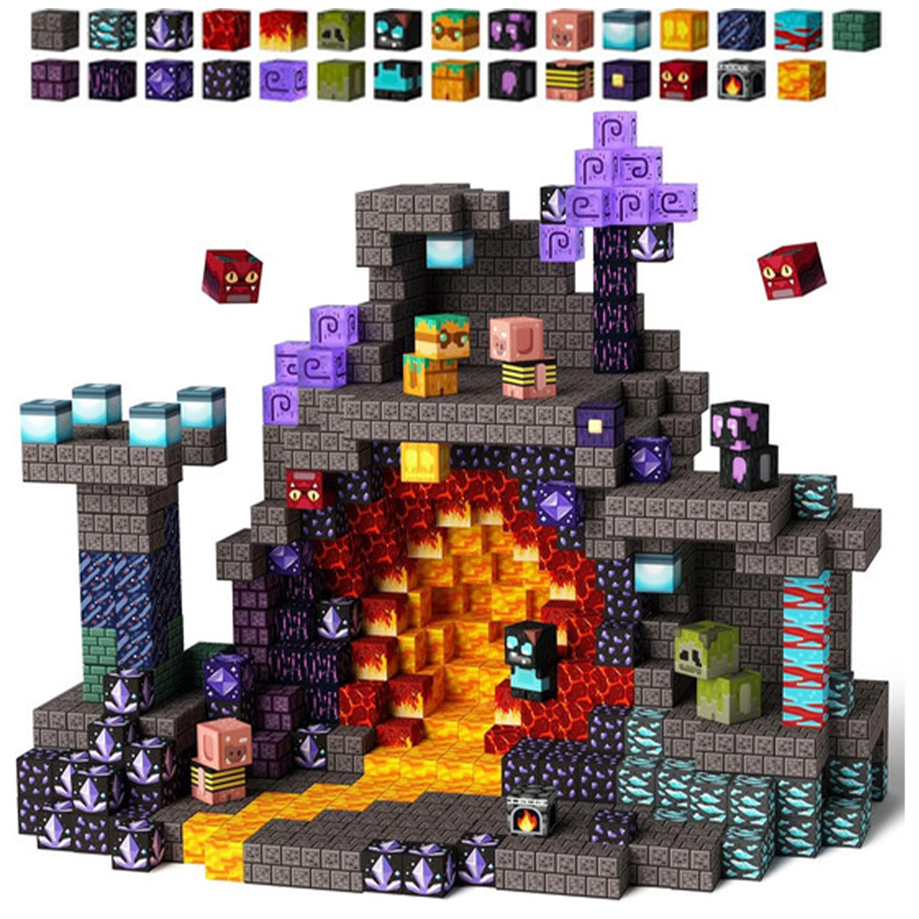 Zestaw zabawek w stylu Minecraft z szarymi klockami kamiennymi, jaskinią lawy i kolorowymi figurkami.