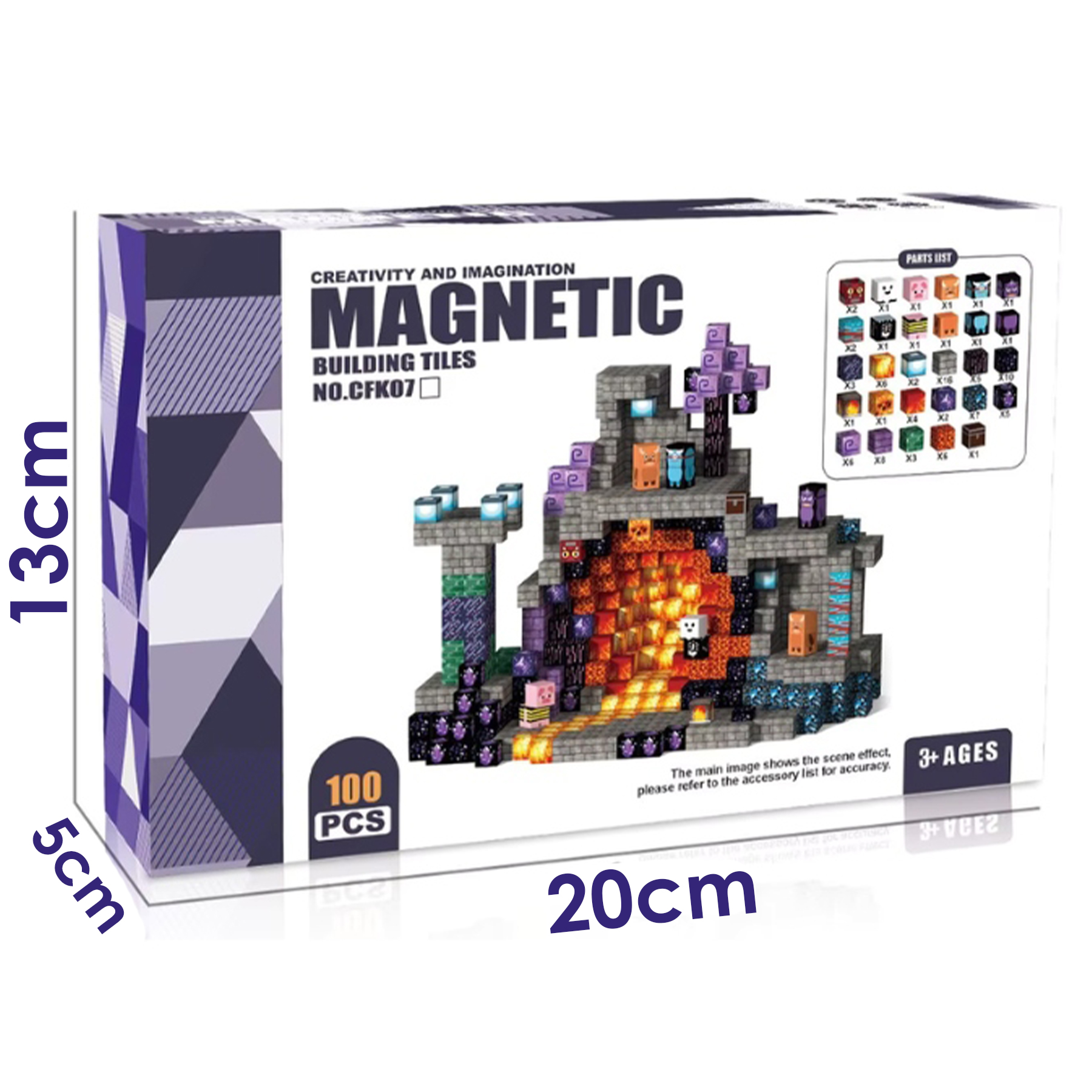 Pudełko 100 magnetycznych klocków przedstawiające pikselową twierdzę z lawą i postaciami. Wymiary: 20x13x5 cm.