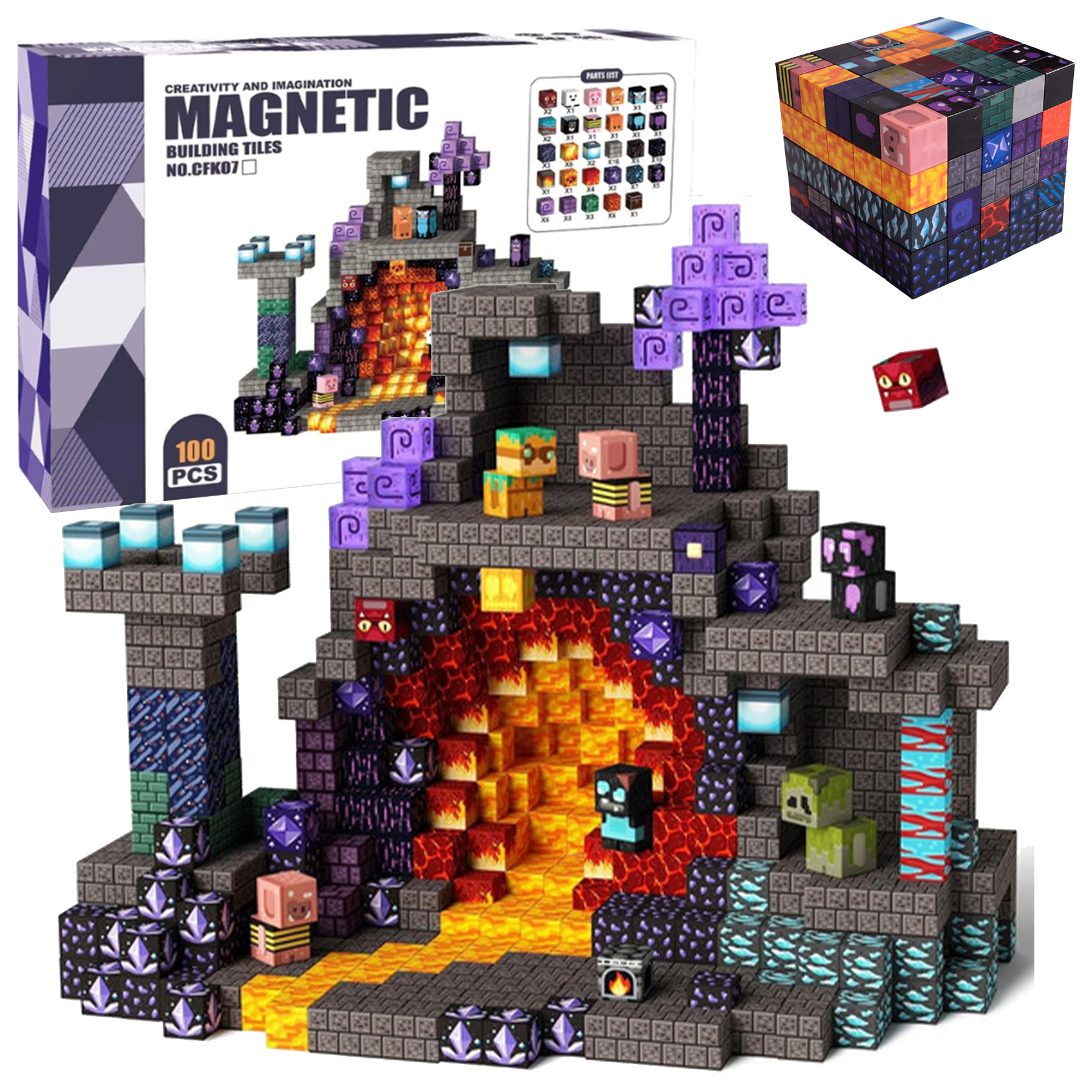 Magnetyczny zestaw klocków w stylu Minecraft z jaskinią lawy i małymi figurkami przed pudełkiem.