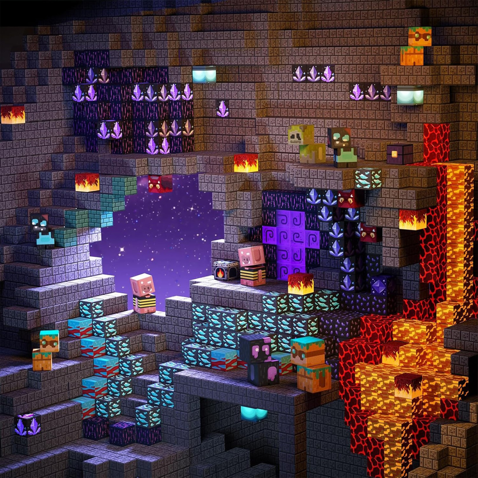 Diorama jaskini Minecraft z fioletowymi kryształami, świecącymi blokami, lawą, portalem i małymi figurkami.