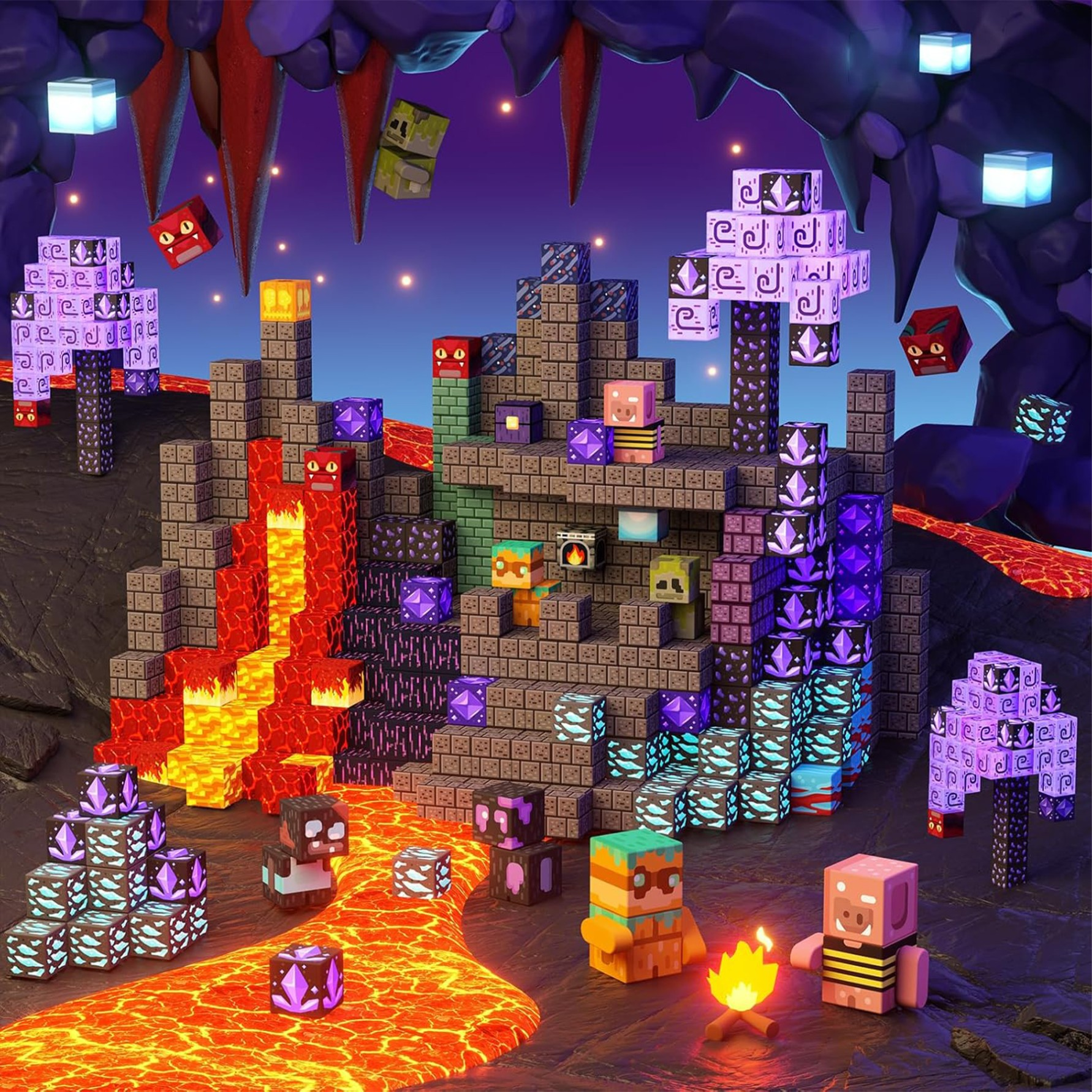 Scena w stylu Minecraft z kanciastymi strukturami, wodospadami lawy i pikselowymi postaciami.