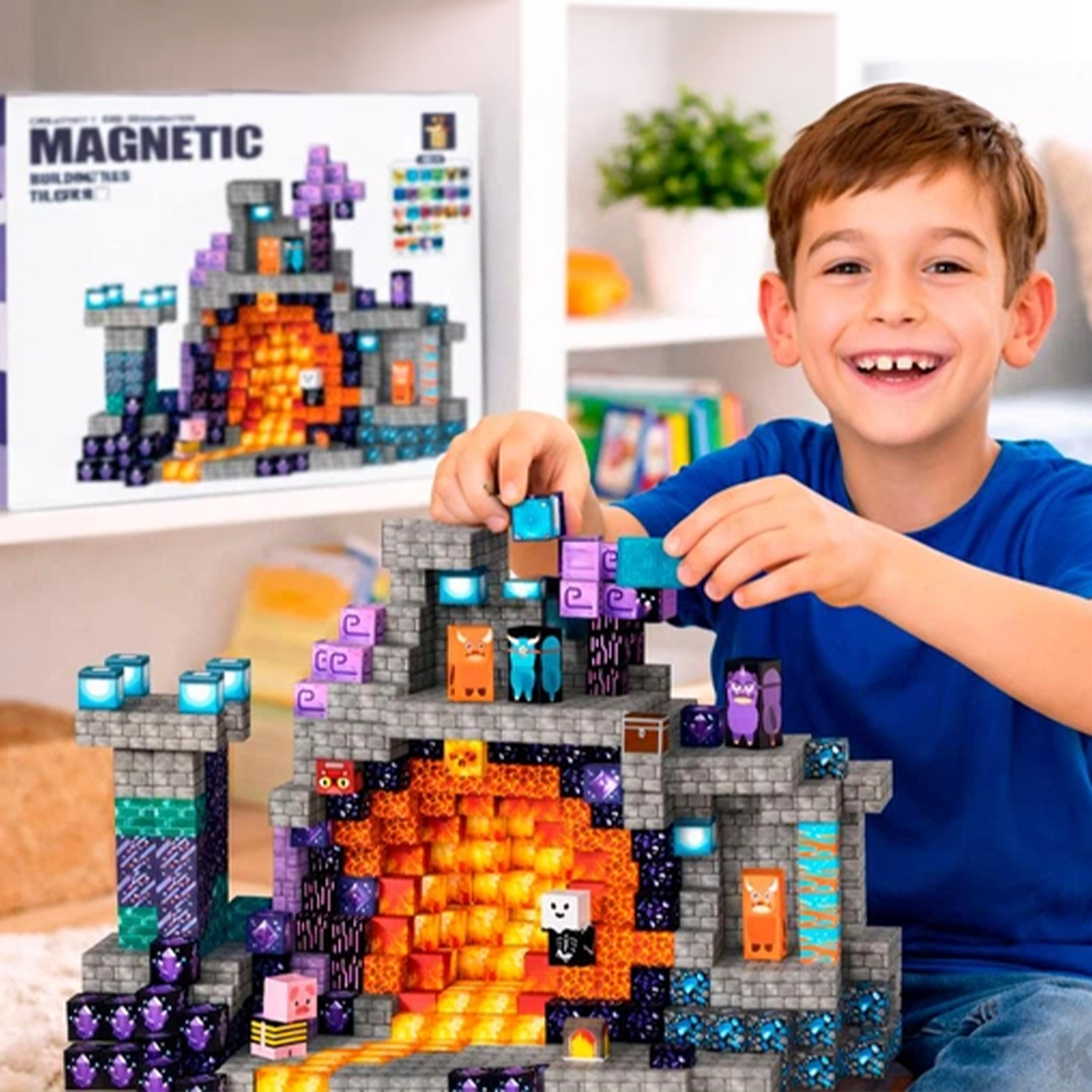 Uśmiechnięty chłopiec w niebieskiej koszuli bawi się magnetycznym zamkiem w stylu Minecrafta.