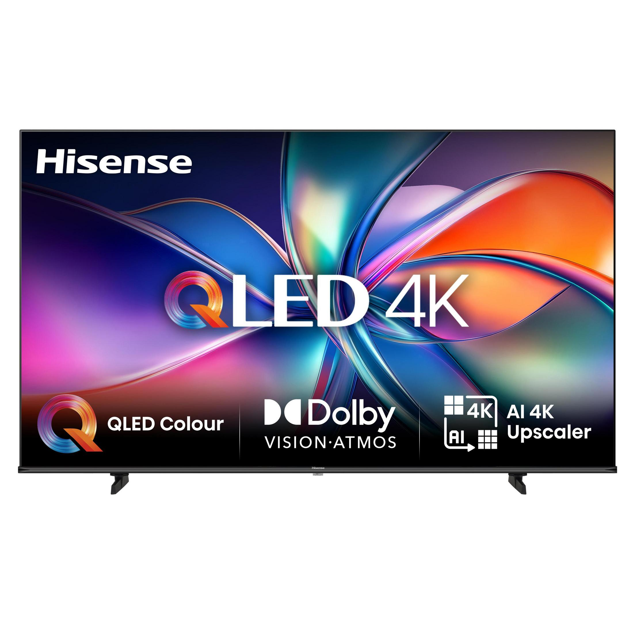 TV Hisense QLED 4K che mostra una grafica astratta colorata con loghi Dolby Vision Atmos e AI Upscaler.