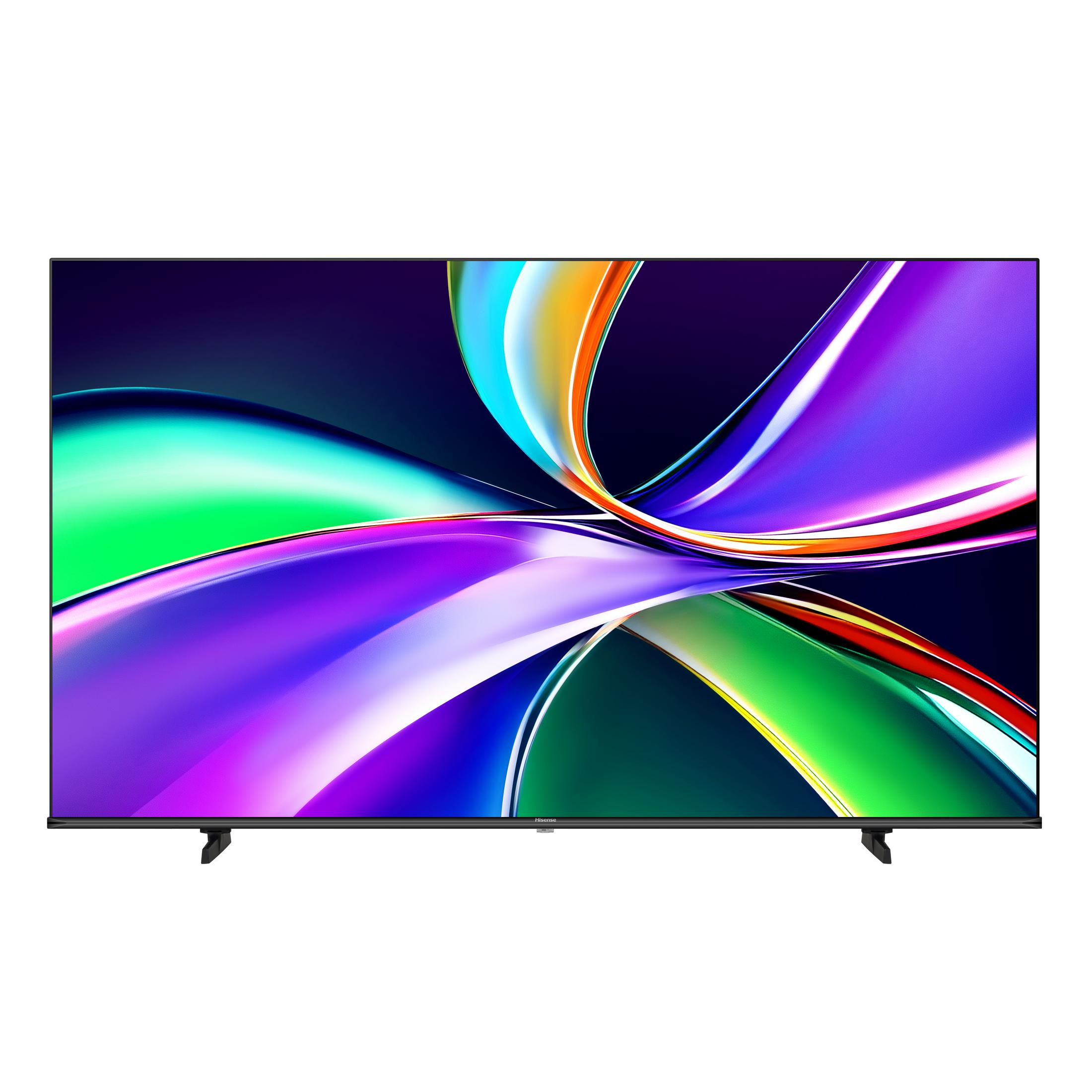 Una TV moderna con cornice sottile mostra uno sfondo astratto e vivace con nastri fluidi blu, verdi e rossi.