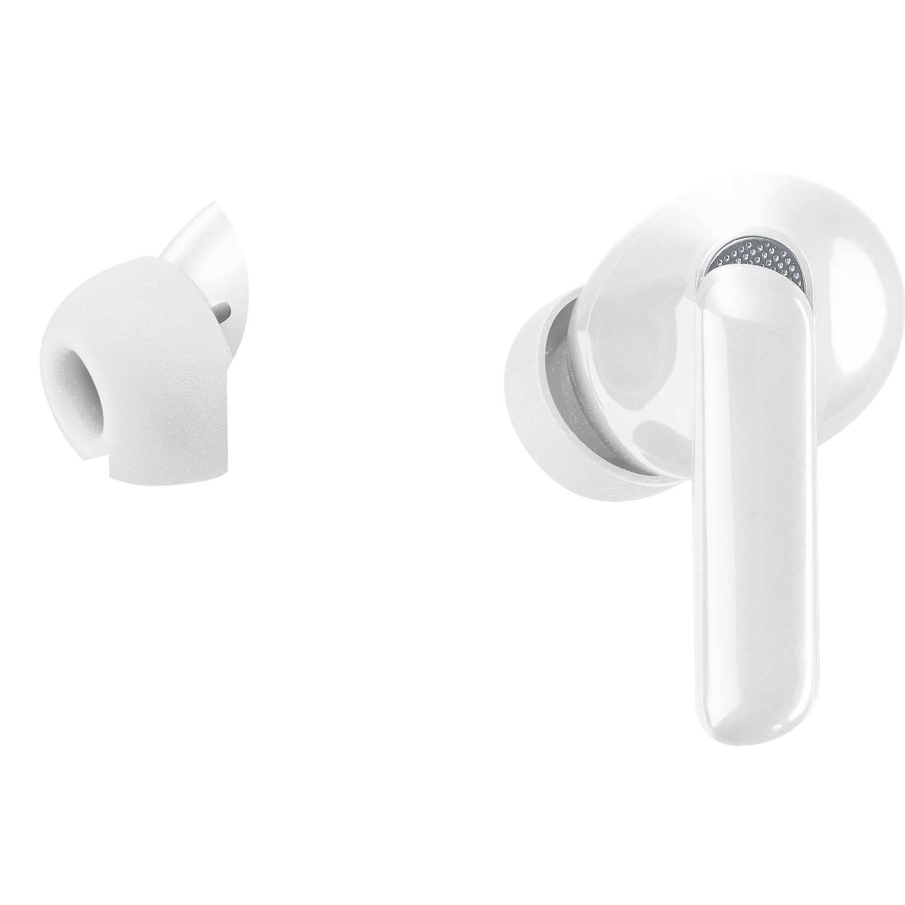 Dos auriculares inalámbricos blancos con puntas de silicona y acabado brillante sobre fondo blanco.